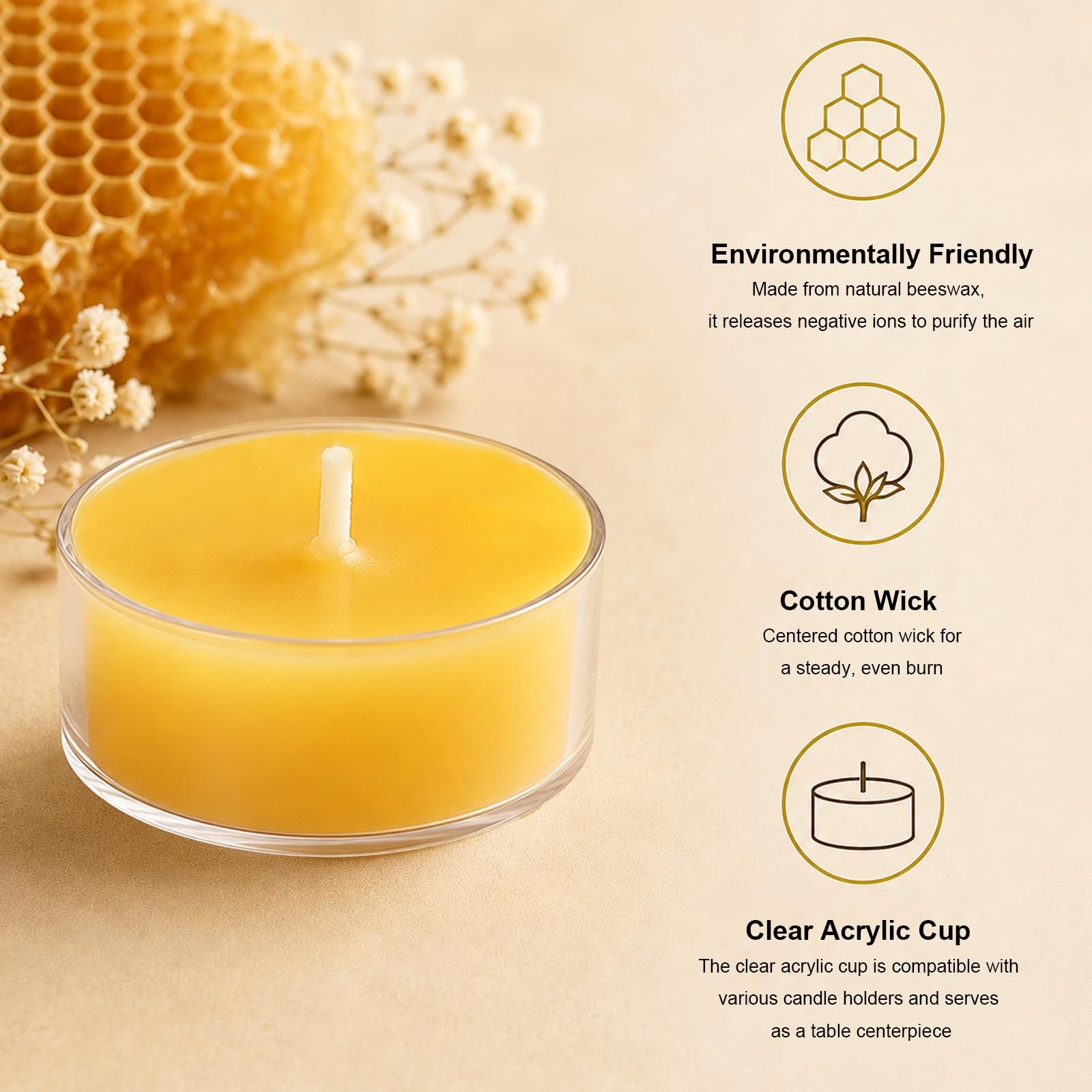 UGBEM Beeswax Tea Light Candles Bulk 4 Hour Non Toxic Natural Pure Bees Wax