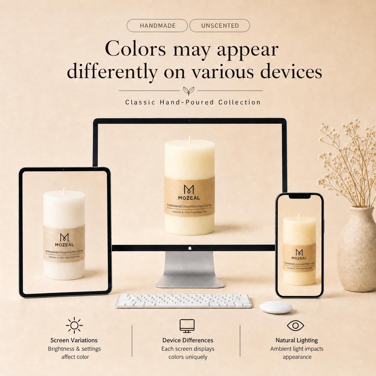 3″ x 4″ Hand-Poured Unscented Dripless Pillar Candle Set 3 Long Clean Burning