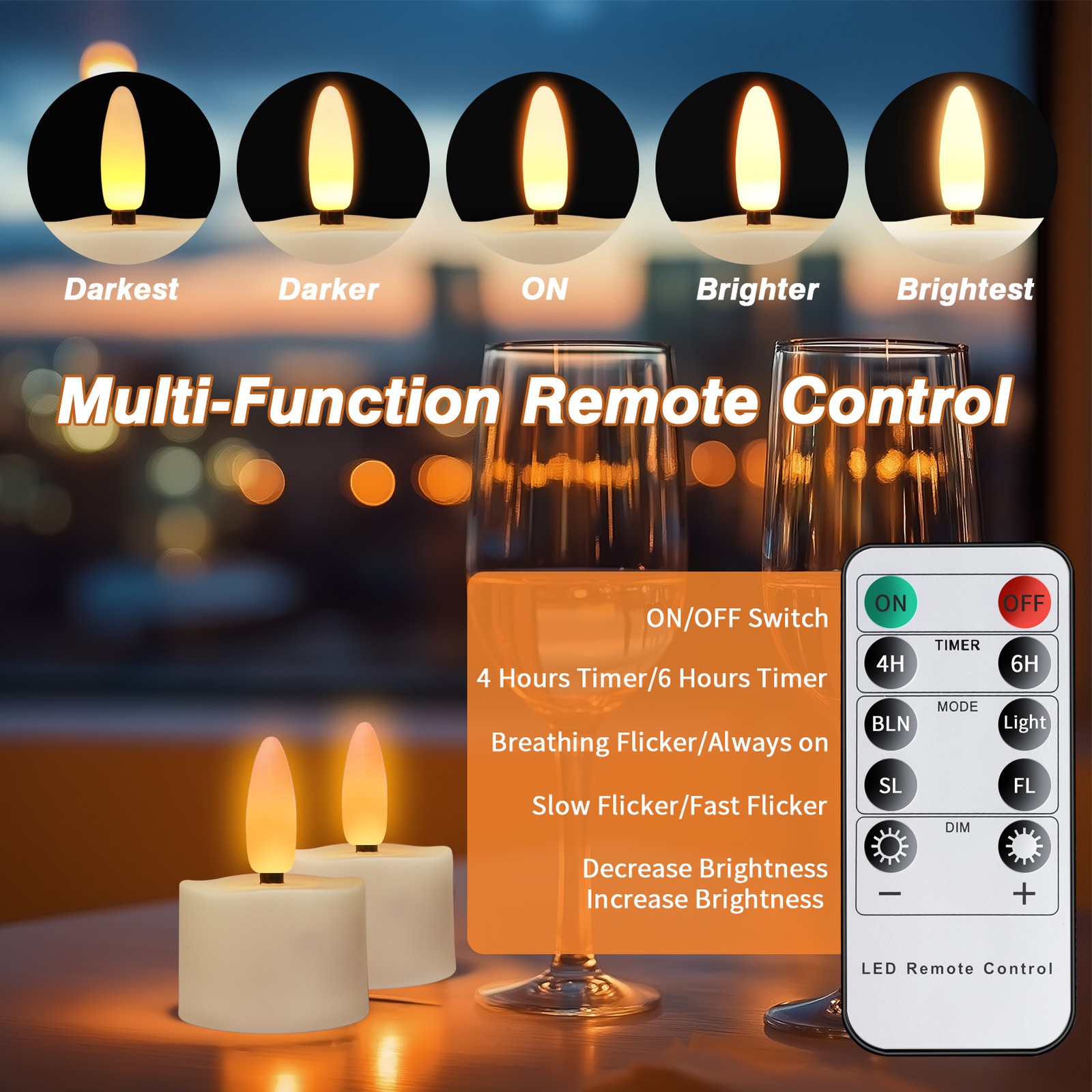 6pcs Flameless Rechargeable LED Tea Lights Flickering Candles with Timer Remote