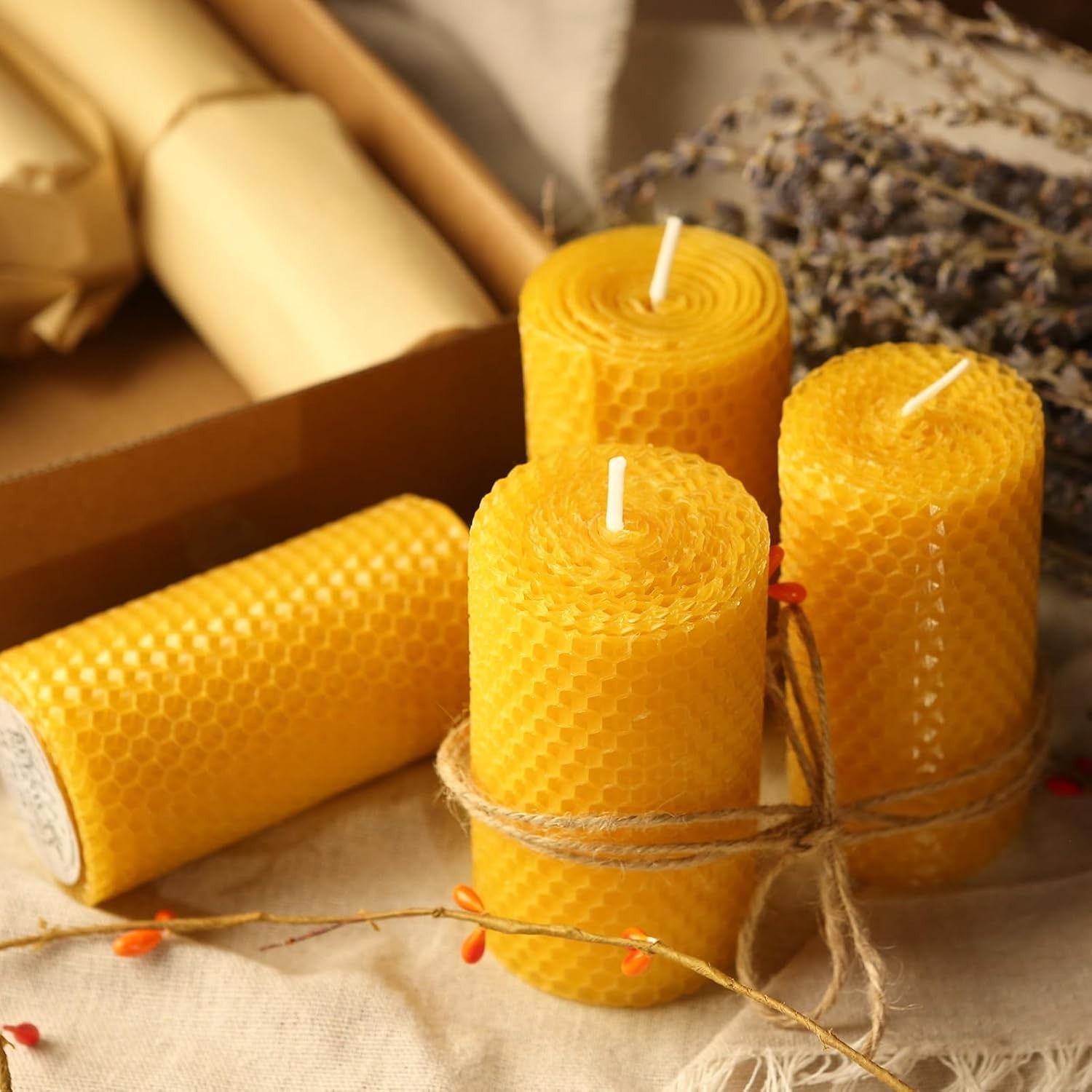 6-Pack Handmade Beeswax Pillar Candles – 120 Hours Dripless & Smokeless