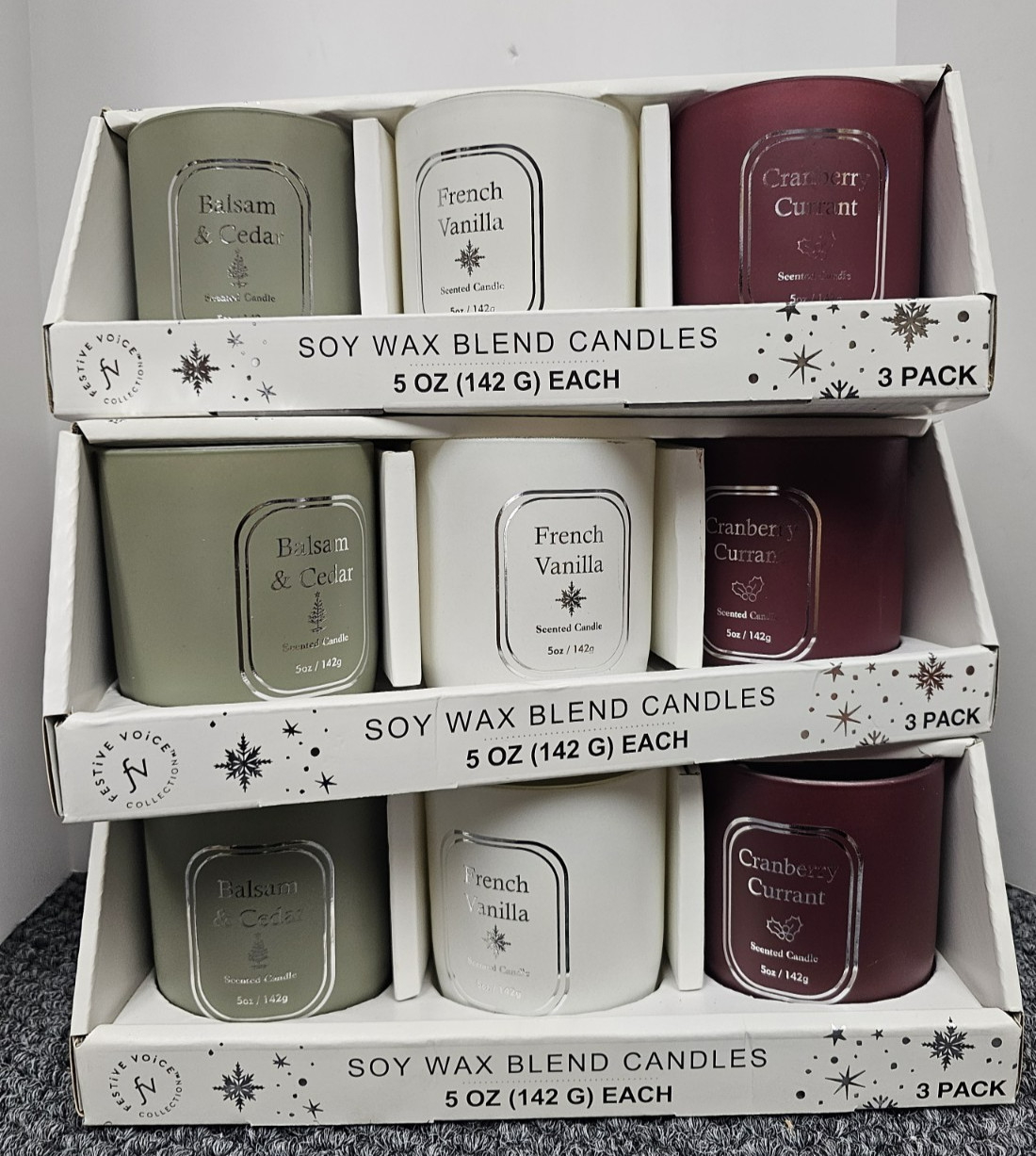 3 X 3pk Festive Voice Soy Wax Blend Scented Candles Balsam Vanilla Currant 9 TTL
