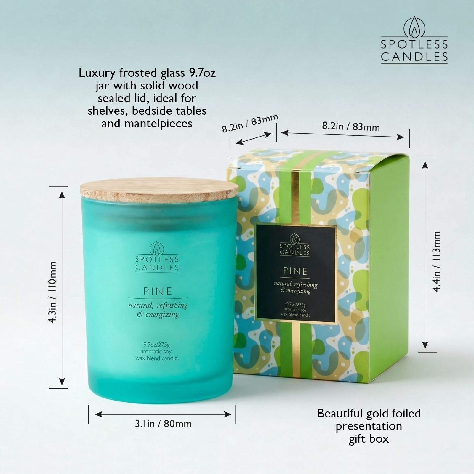 Pine Candle; 9.7 oz: 55 Hrs Burn Time, Soy Wax Teal Frosted Jar with Cracklin…
