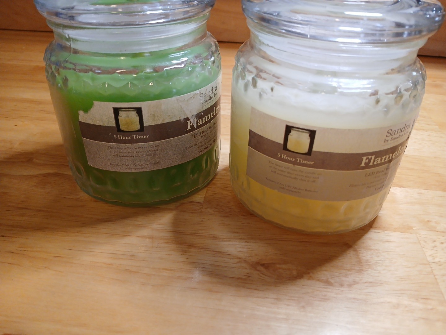 Green White Flameless Candles LED Real Wax Glass Jar 4pc Lot Battery Timer Set