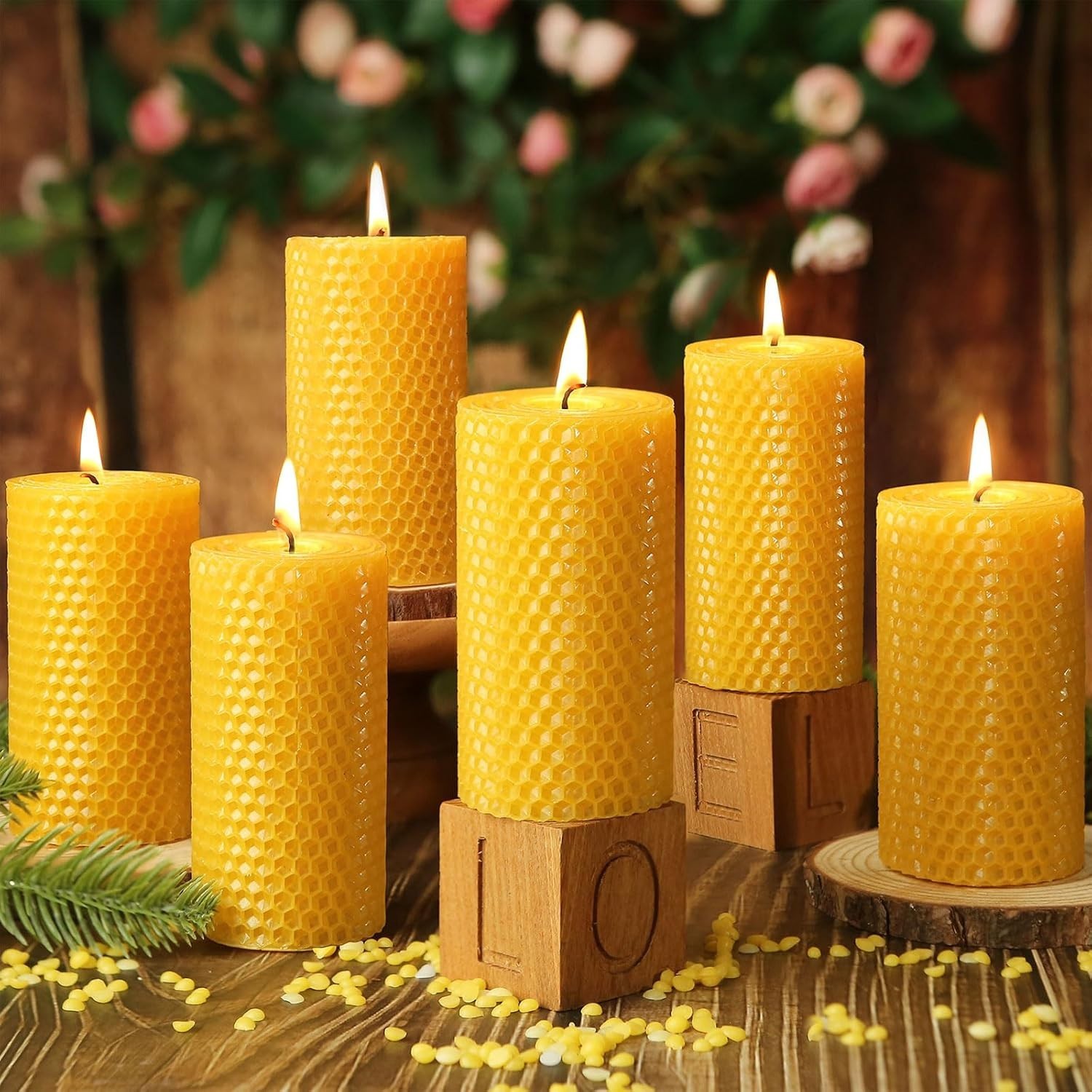 6-Pack Handmade Beeswax Pillar Candles – 120 Hours Dripless & Smokeless