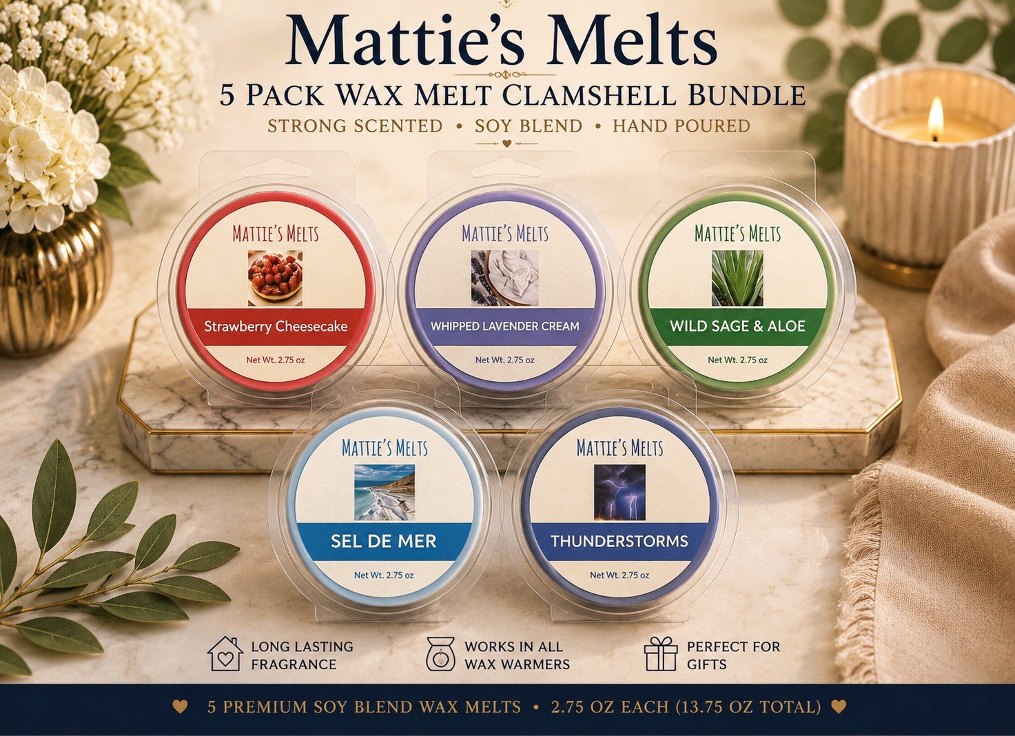 5 Pack Wax Melts Strong Scented Clamshell Bundle Home Fragrance Gift Set