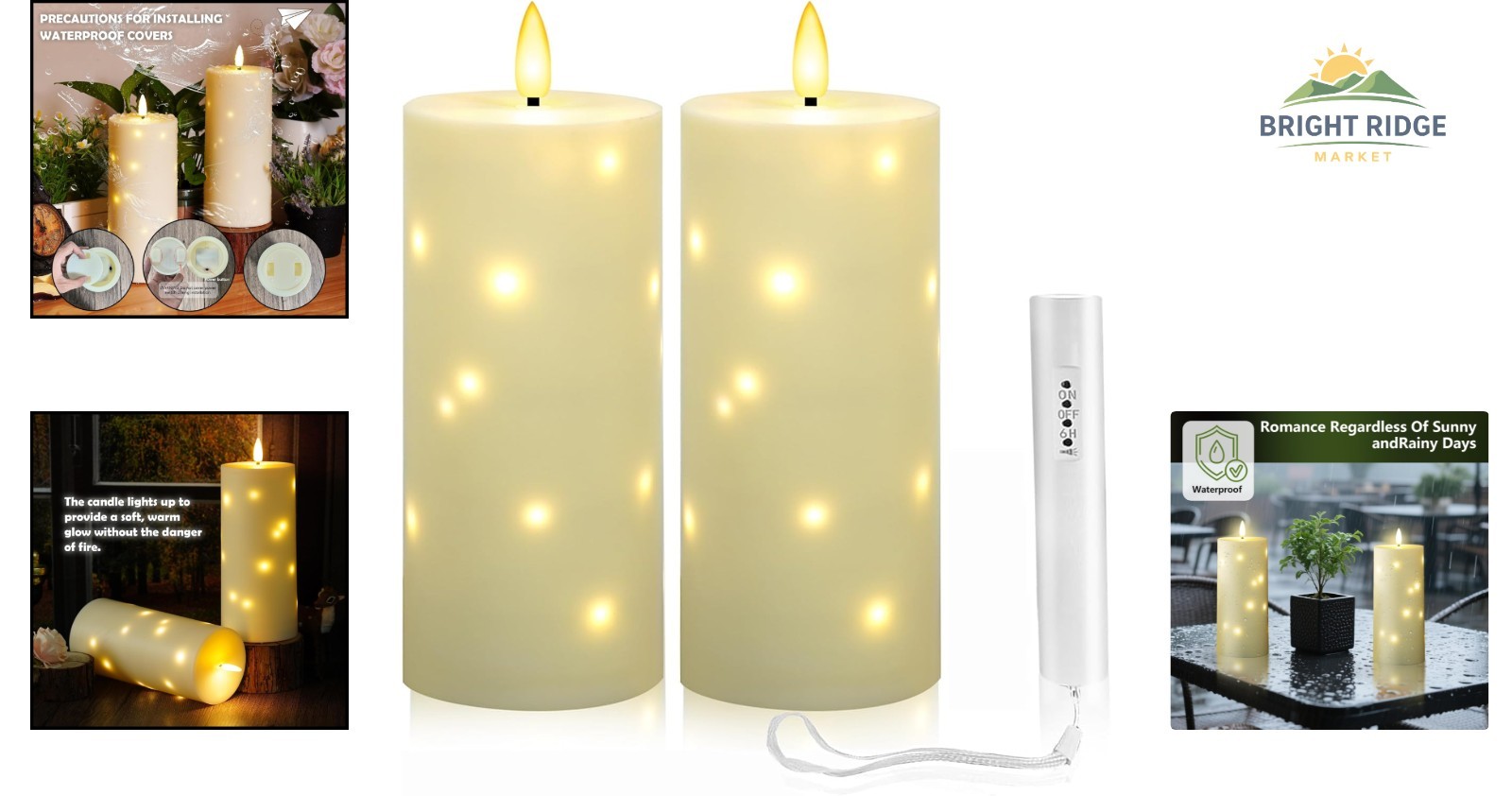 Cordless Outdoor Pillar Candles with Timer and Star String Lights Included