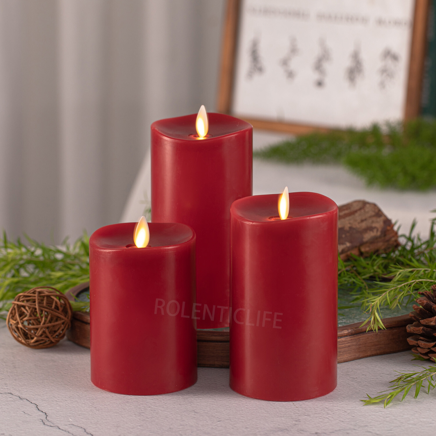 Luminara Real Wax Flameless Pillar Candles Red Moving Wick Timer Remote LED 3″