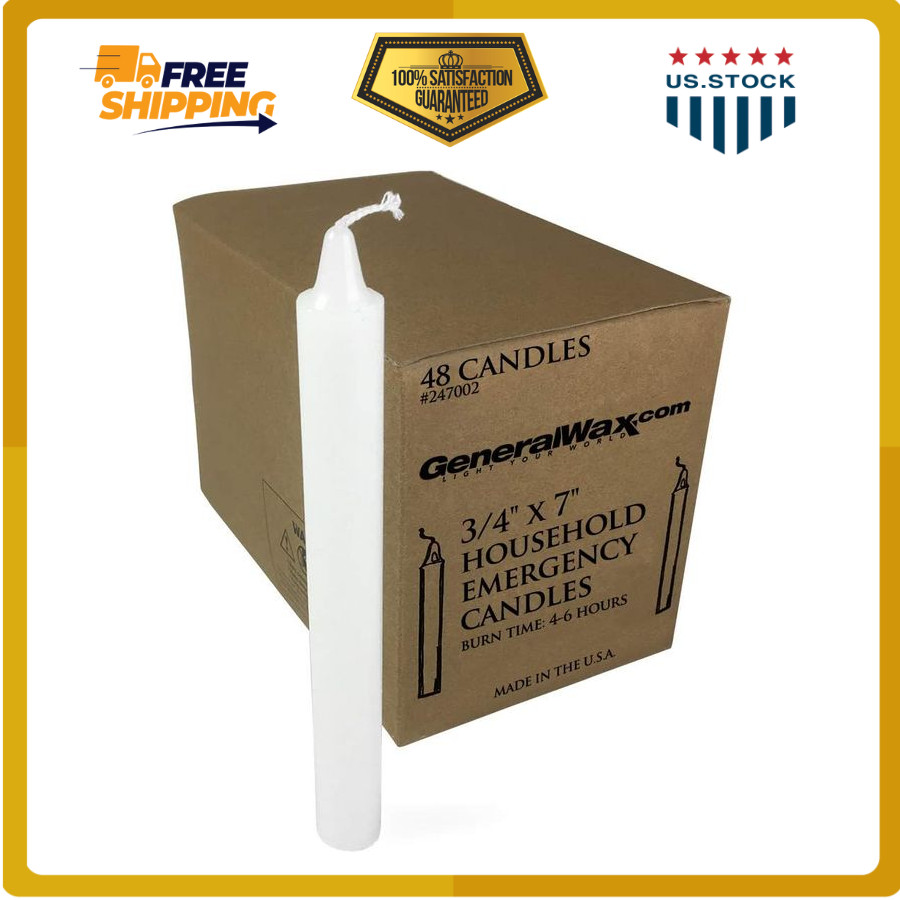 Long White Household Candles Unscented (Box of 48). Perfect for Church