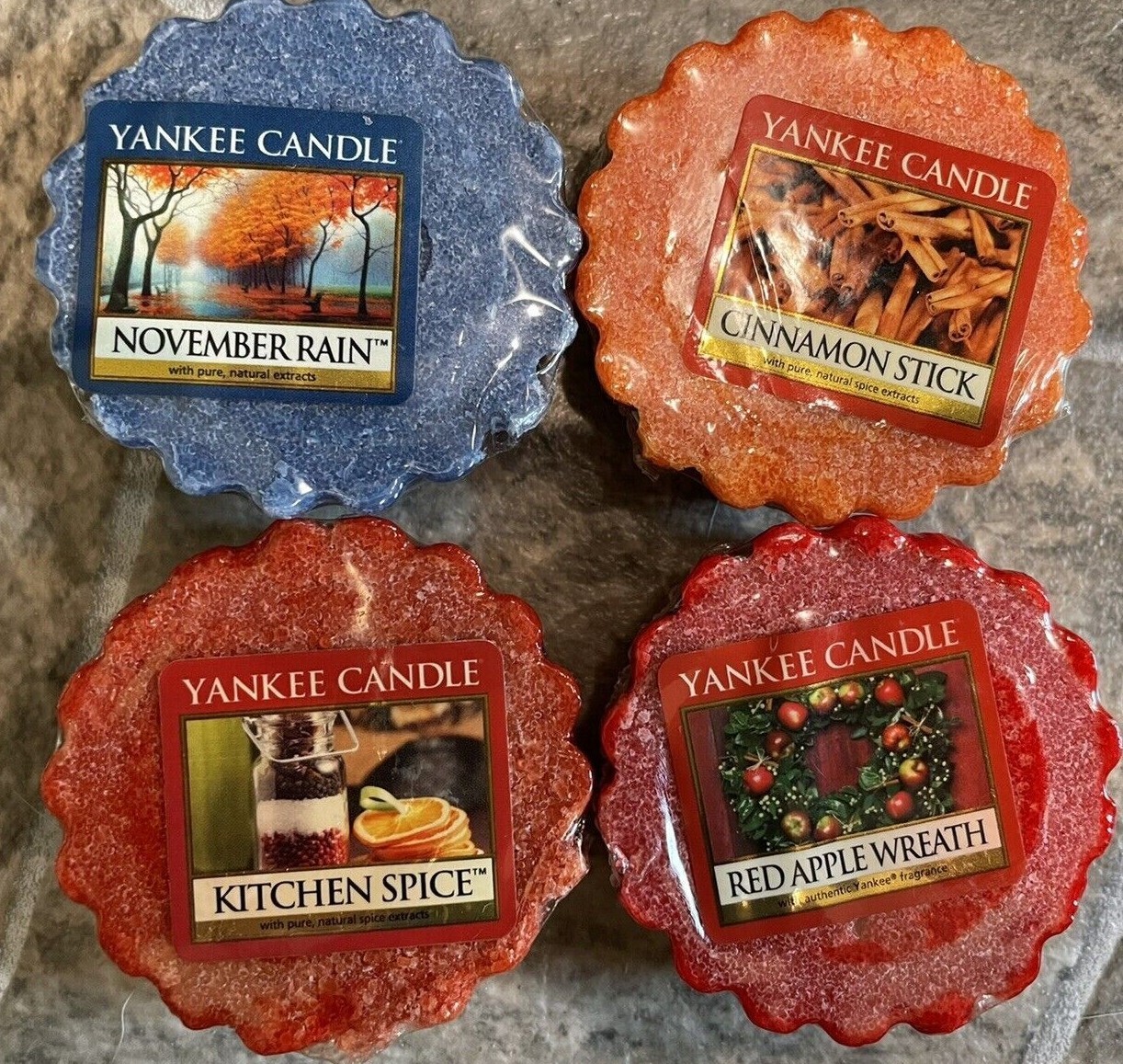 4 Tarts YANKEE CANDLE Kitchen Spice November Rain Cinnamon Stick Apple WAX MELTS