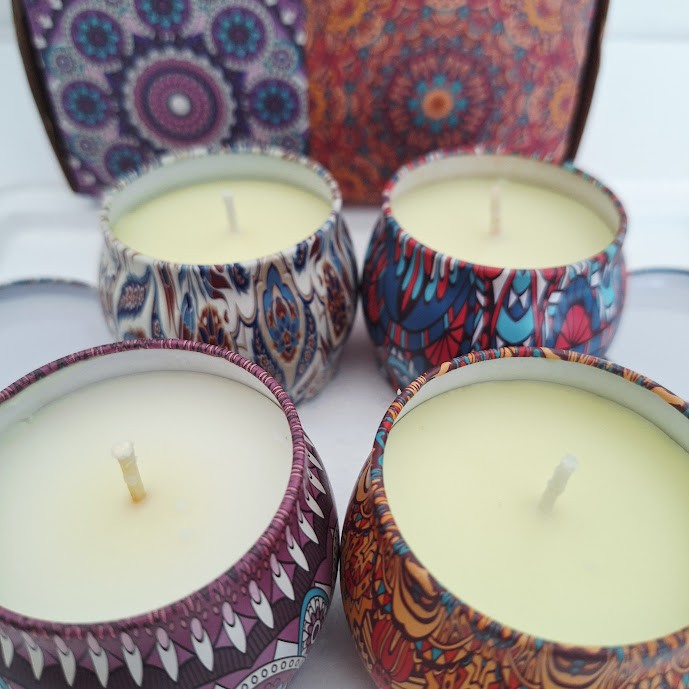 4-Pack Scented Soy Wax Candles in Decorative Mandala Tins Gift Set 4.4oz Each