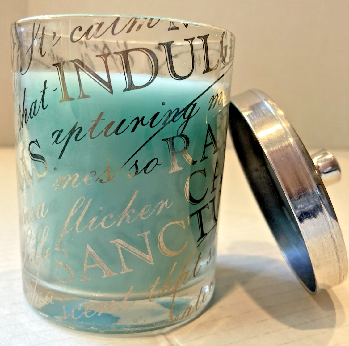 Coastal Calming Candle Inspirational Messages Glass Jar Silver Lid Beach Blue