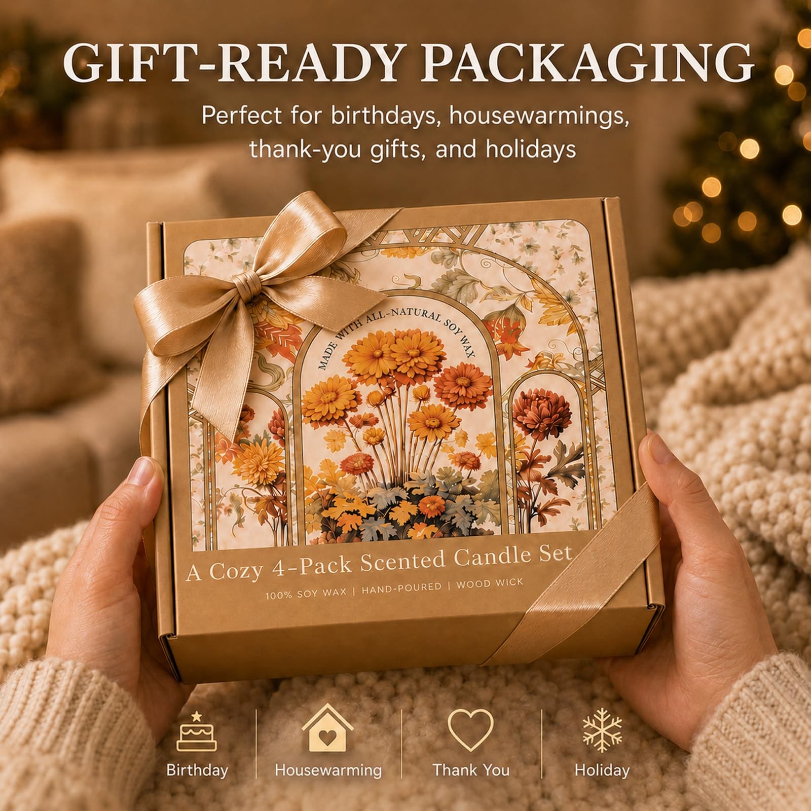 Scented Candle Gift Set, 4 Pack Long Lasting Amber Candles with Wooden Wick |…