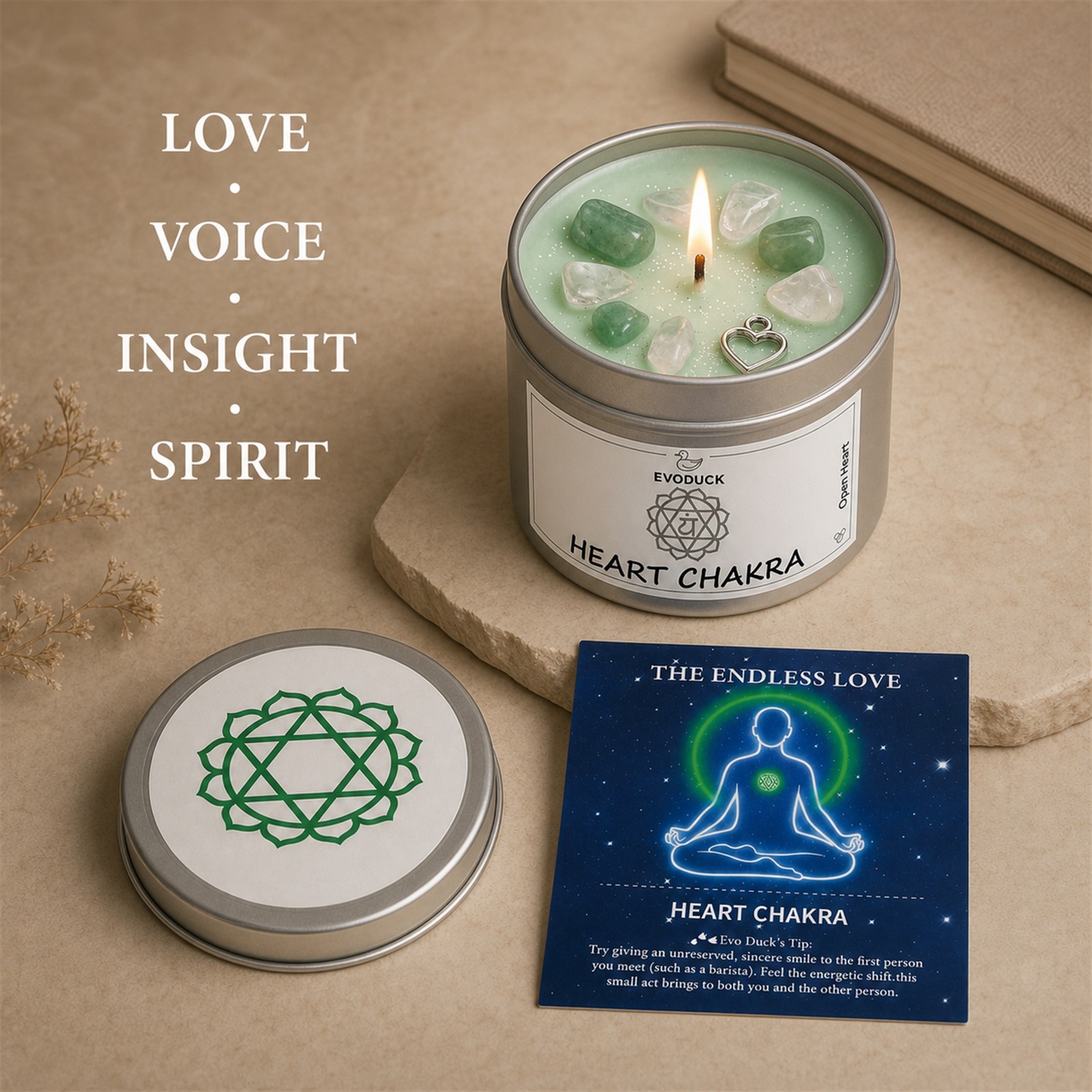 4-Piece EVODUCK Upper Chakra Healing Candle Set, Crystals, Meditation