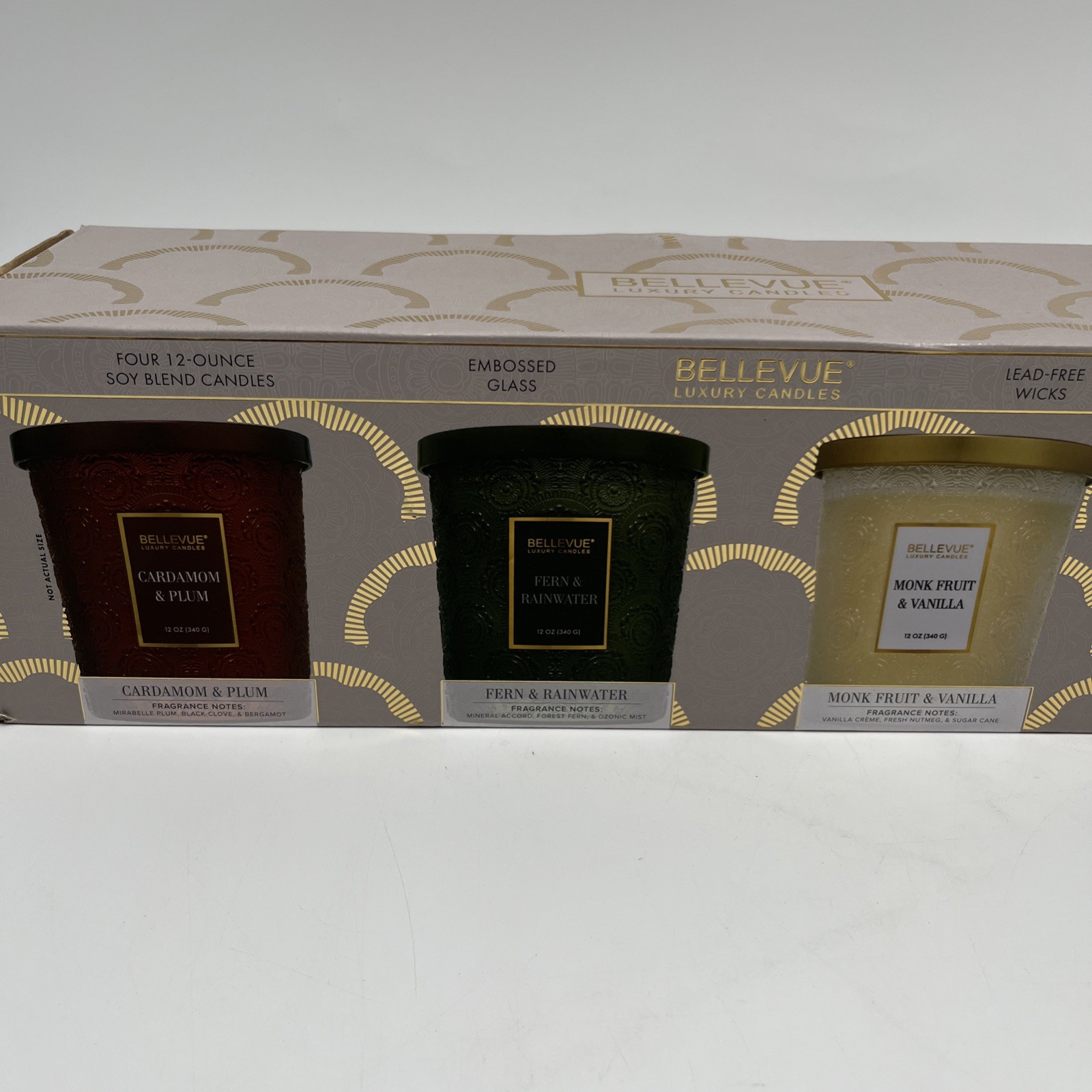 3 Bellevue Luxury Candles Embossed Glass Jars Soy-Blend, Monk, Fern and Cardamom