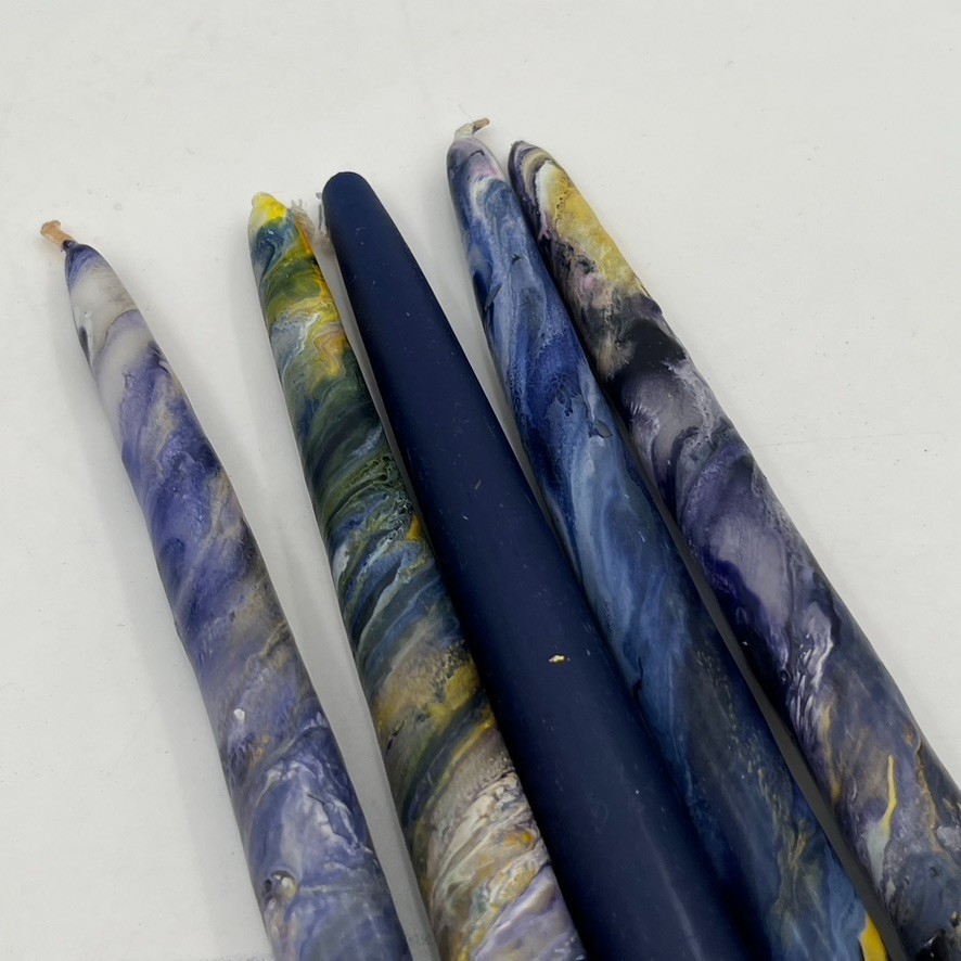 Vintage Mid-Century MCM Set of 5 11.5” Taper Candles Purple Gold Swirl “Tie Dye”