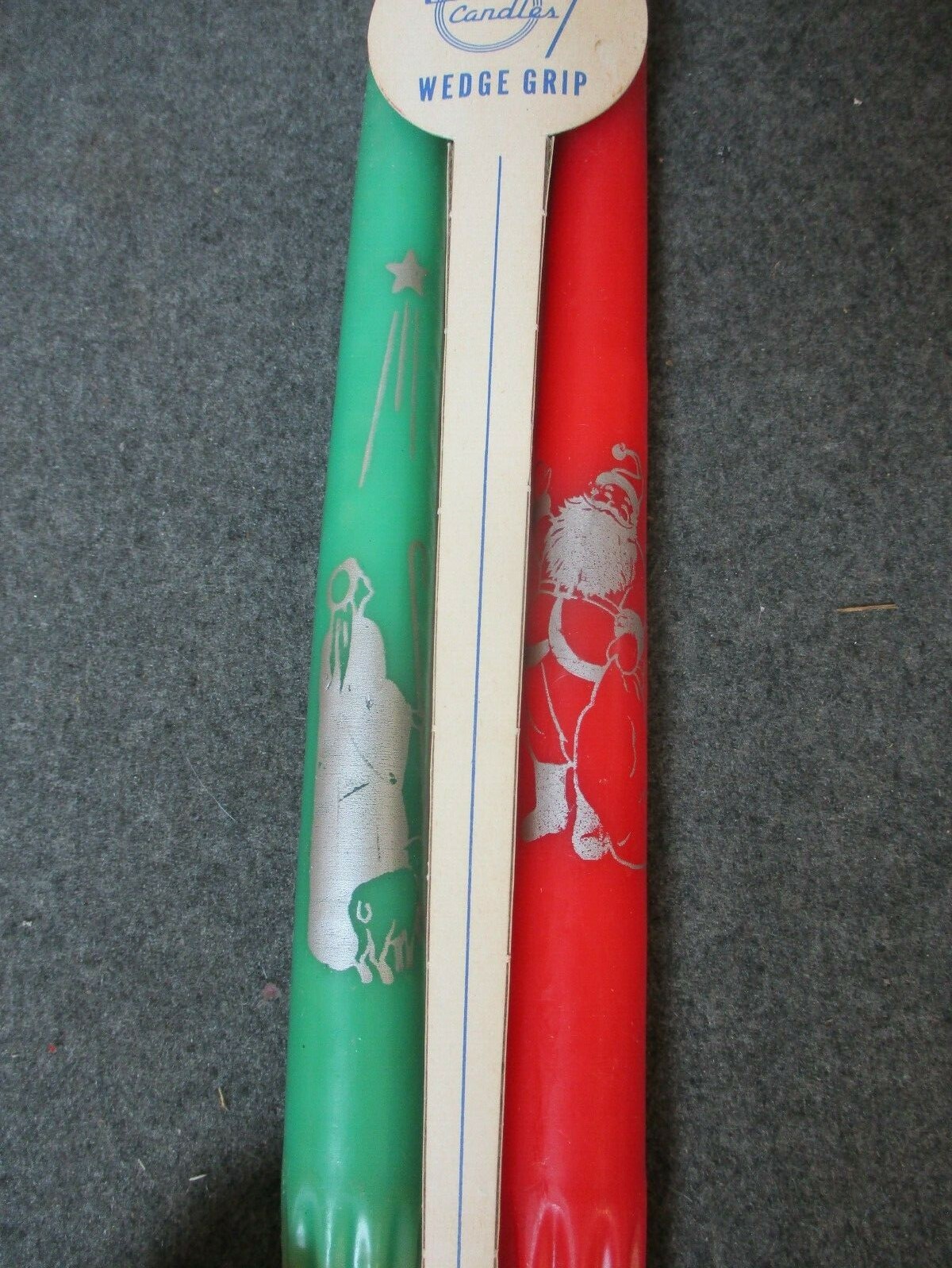 Vintage Emkay Christmas Taper Candles 12″ Pair – Red & Green – Santa & Shepherd