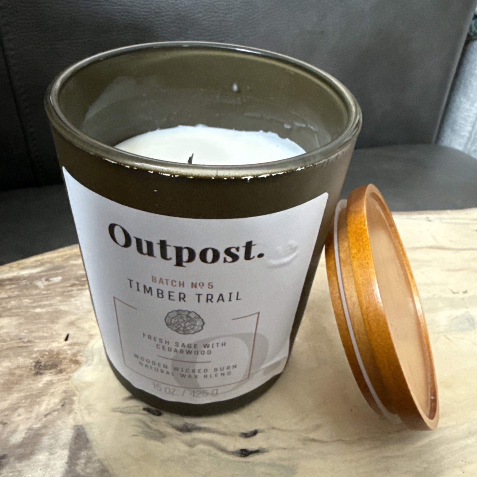 OUTPOST Timber Trail Candle 15 OZ Forest Green Glass Jar Wood Lid Wood Wick USED