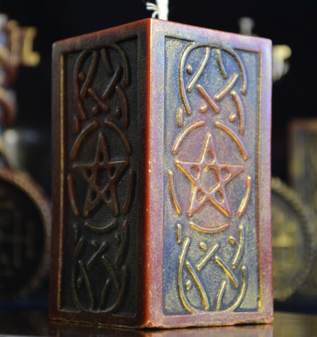 Pentagram Beeswax Pillar Candle Hand Painted Gold Occult Altar Decor Witchy Gift