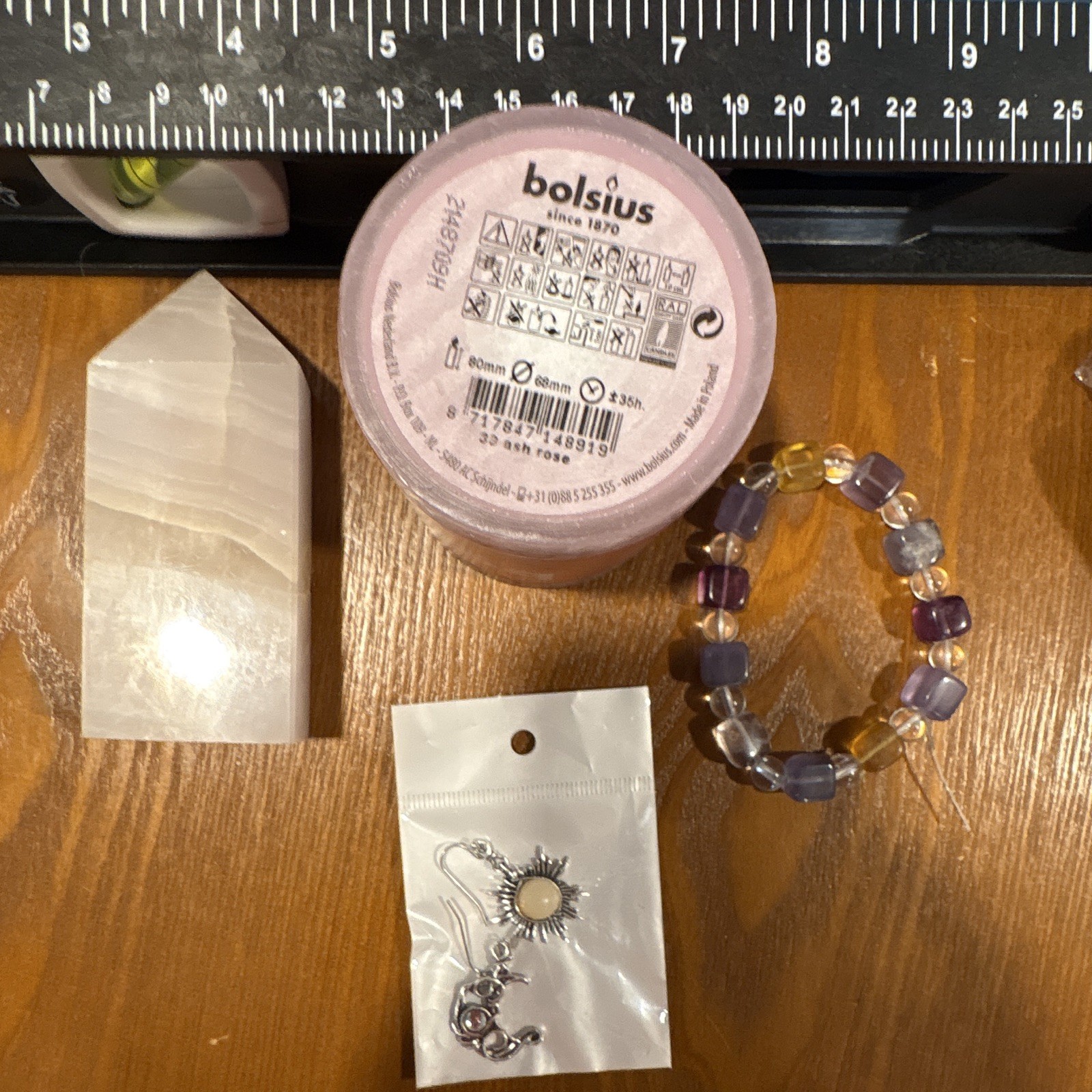 Bolsius Pillar Candle 4in x 3in Wax Candle, Crystal, earrings & bracelet