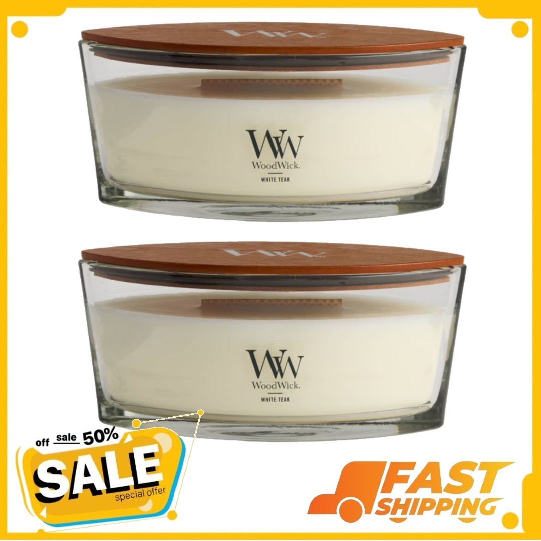 2 Pack WoodWick Ellipse Scented Candle, White Teak, 16 oz