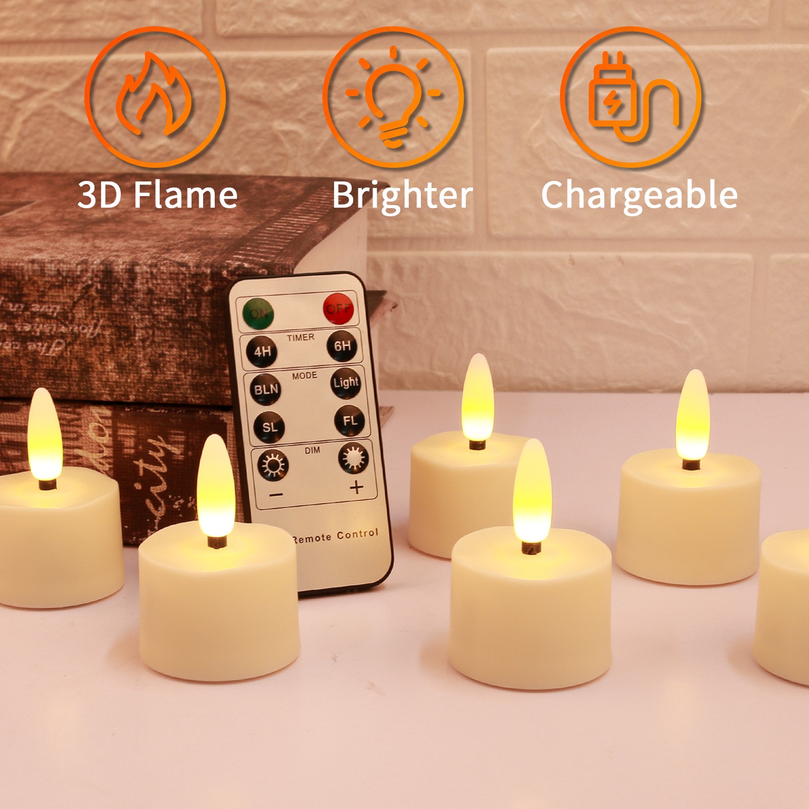 6pcs Flameless Rechargeable LED Tea Lights Flickering Candles with Timer Remote