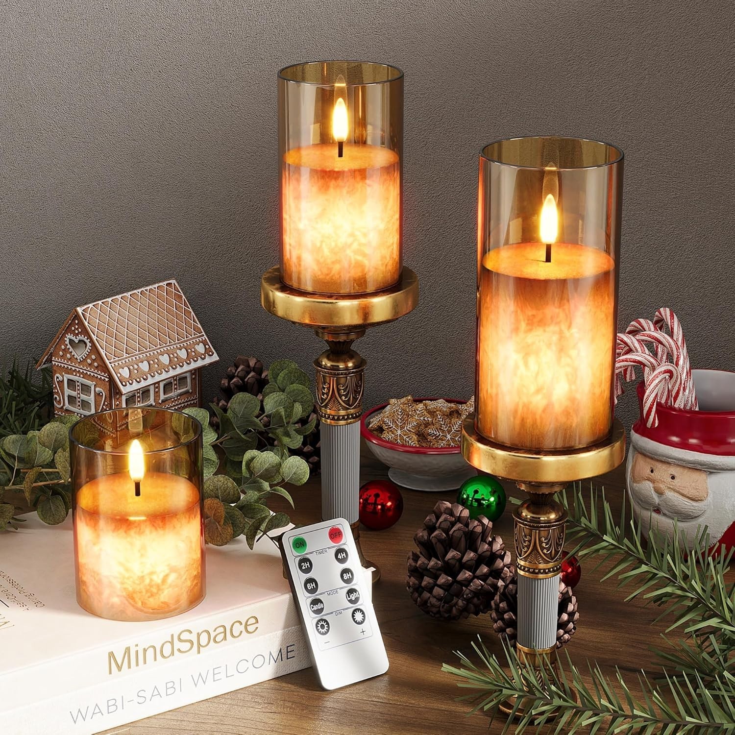 Dimmable Gold LED Flameless Candles with Remote – Sparkling Warm Glow, 3 Pack