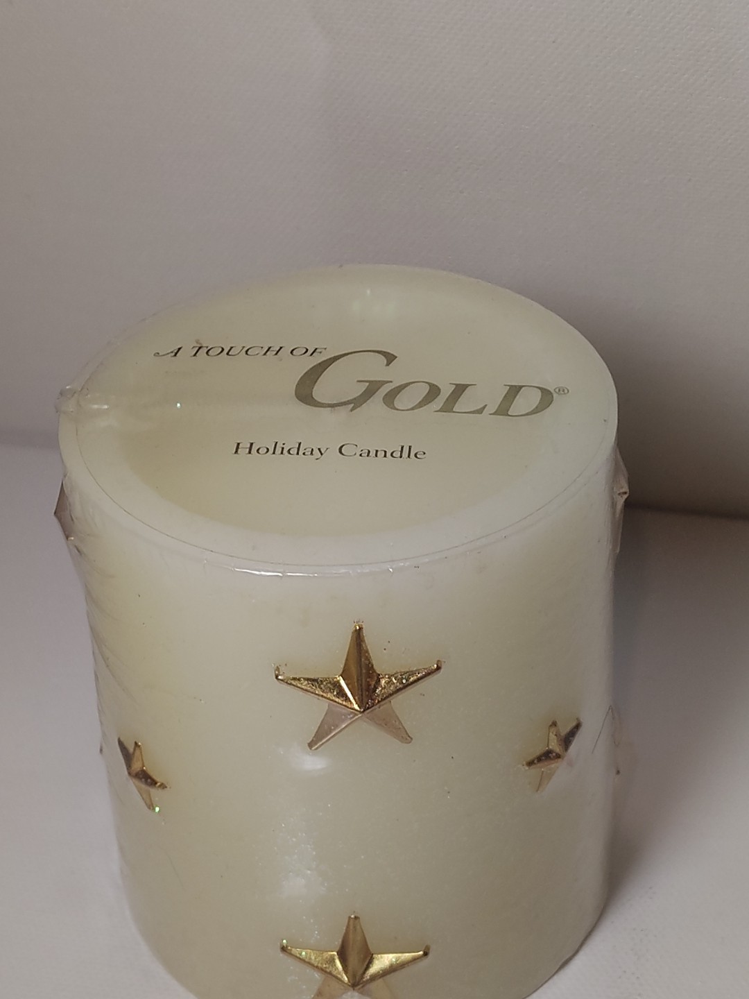 Vintage “A Touch of Gold” Wax Pillar Candle Glitter Cream Gold Stars 3.25″ New