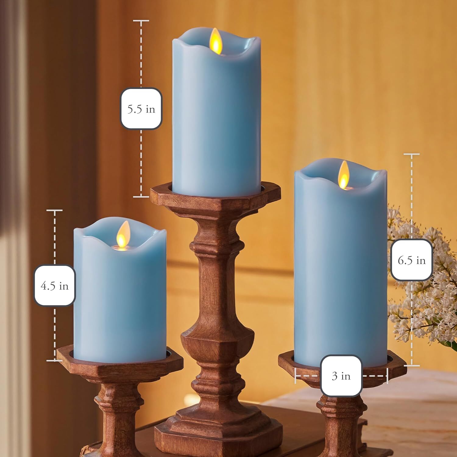 Battery Candle Set of 3 (3″ x 4.5″,5.5″,6.5″) Flameless LED (Pastel Blue)