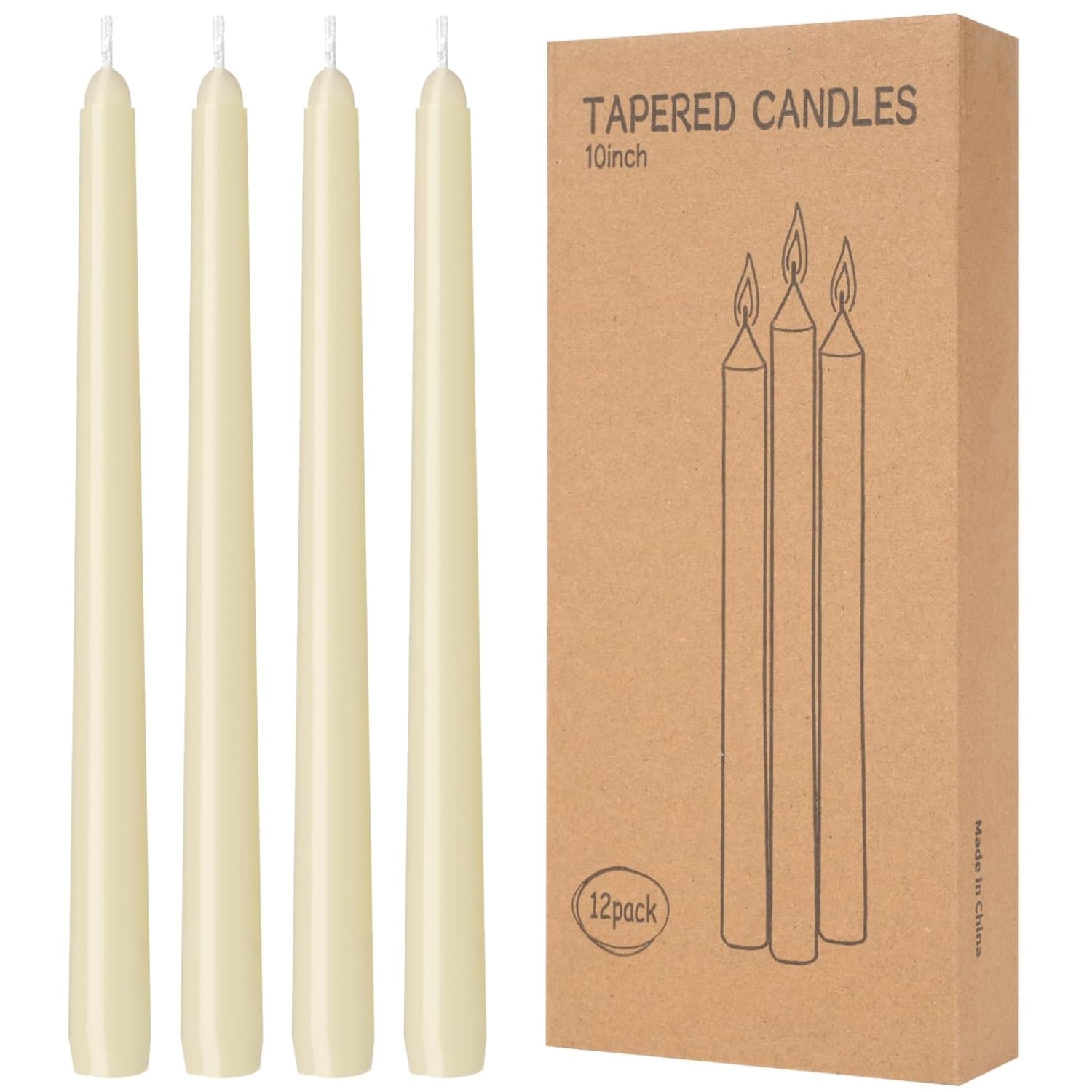 12 Pack Ivory Taper Candles – 10 Inch Dripless, Smokeless, Long-Burning Elegance