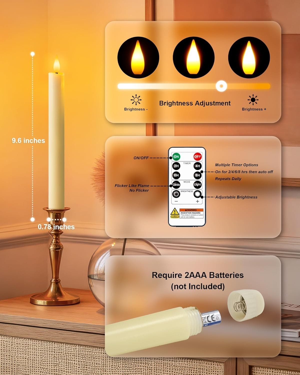 12 Pcs Ivory Flameless Taper Candles with Remote – Dimmable Flickering Light