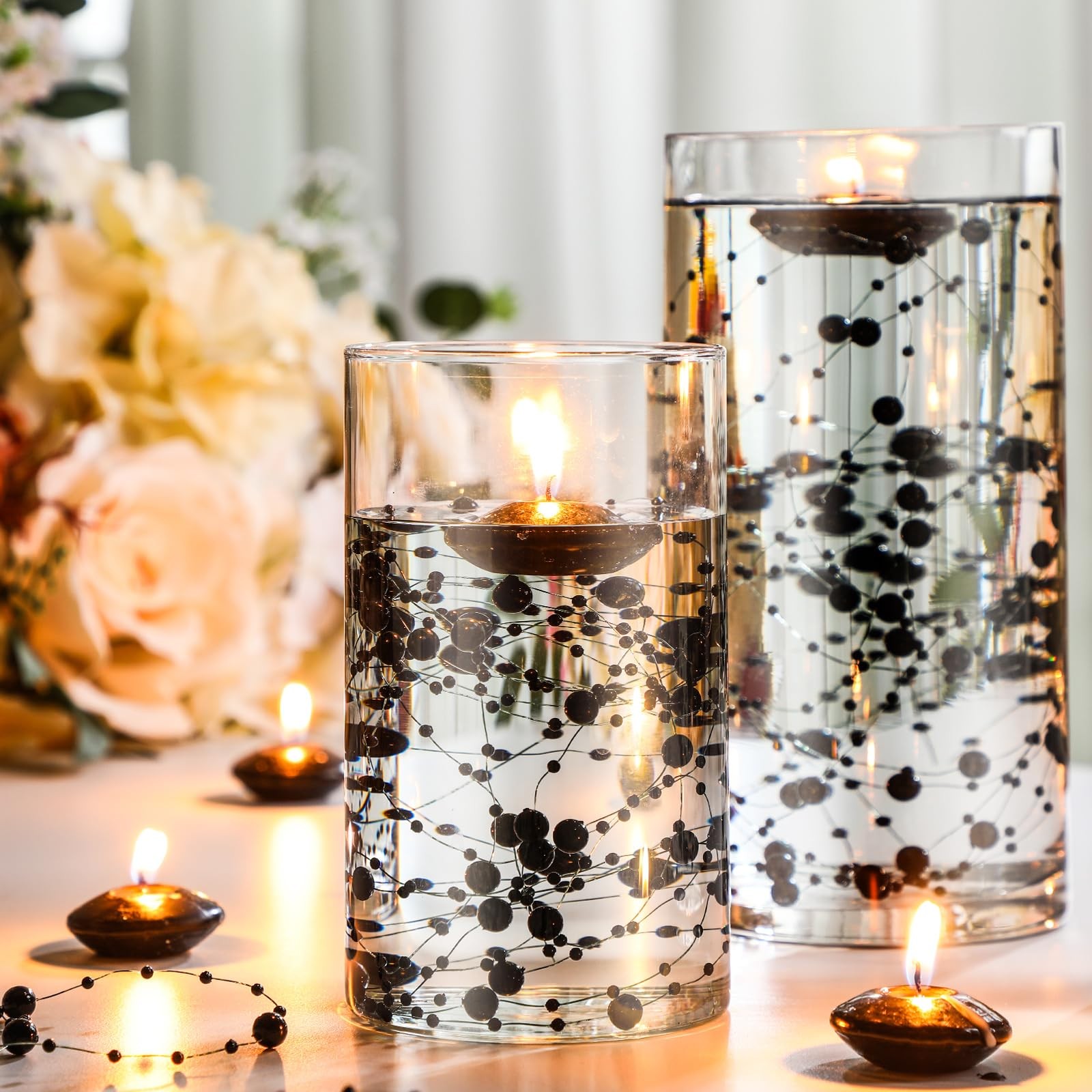 Fumete 40 Pcs Black Floating Candles with Pearl Strings