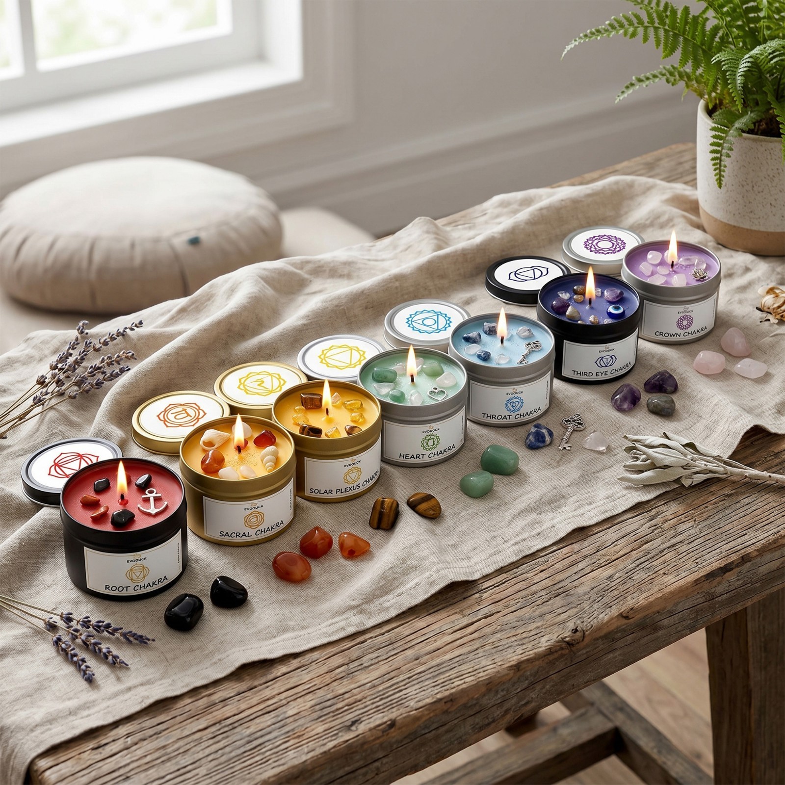 7 Chakra Candle Set Crystals Reiki Meditation Yoga Gift Set Energy Healing