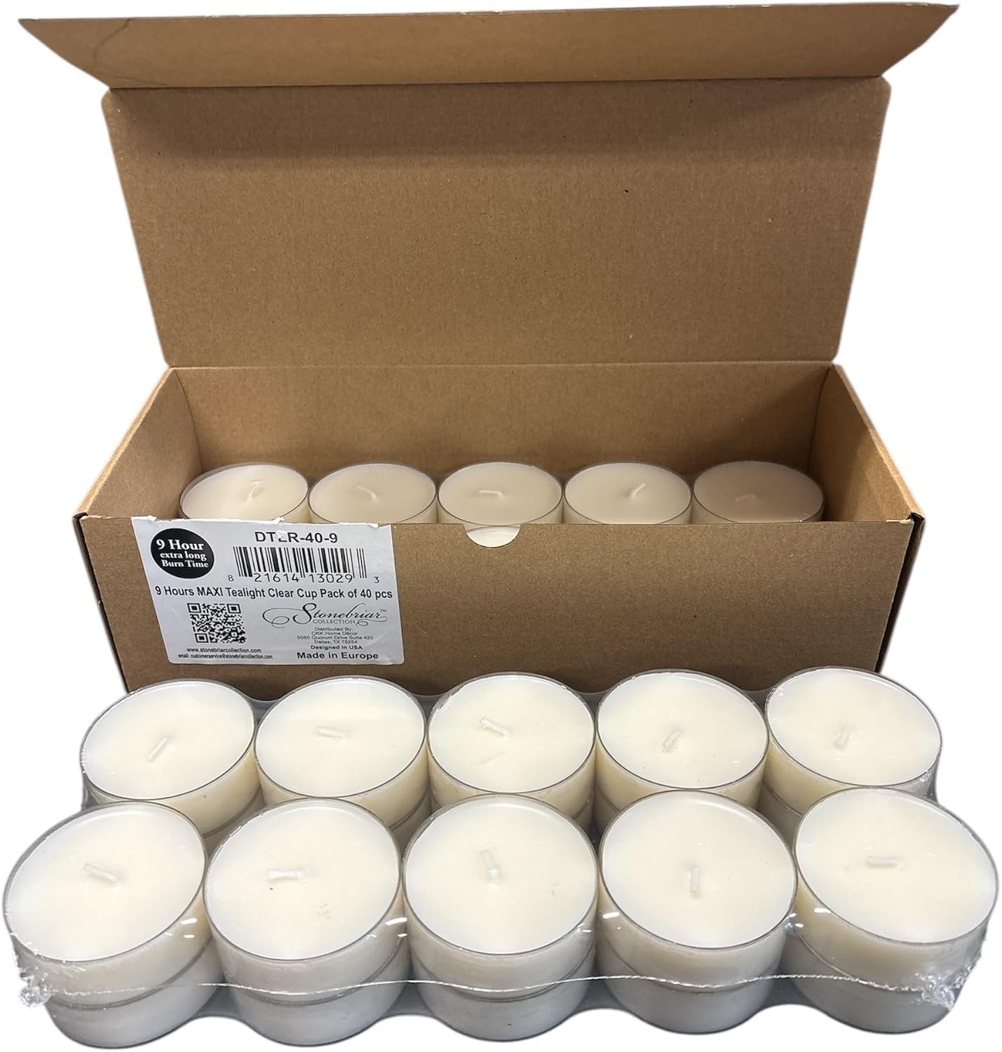 40-Pack Mega Oversized Unscented Tea Light Candles in Clear Cups – 9 Hour Burn