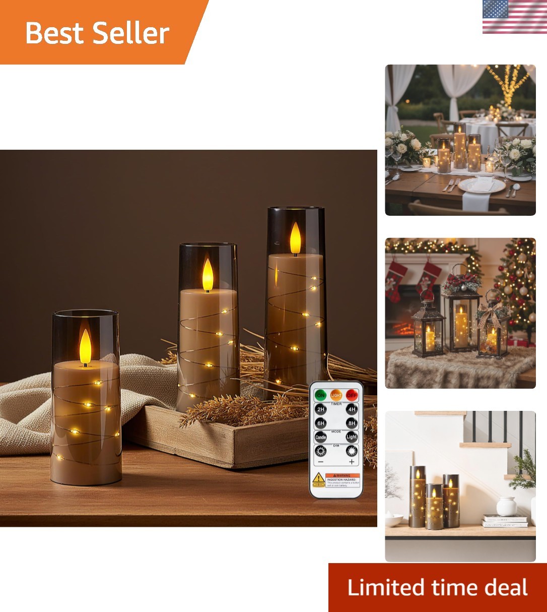 Flameless Battery Operated Pillar Candles with Remote Timer, Grey | Acrylic L…