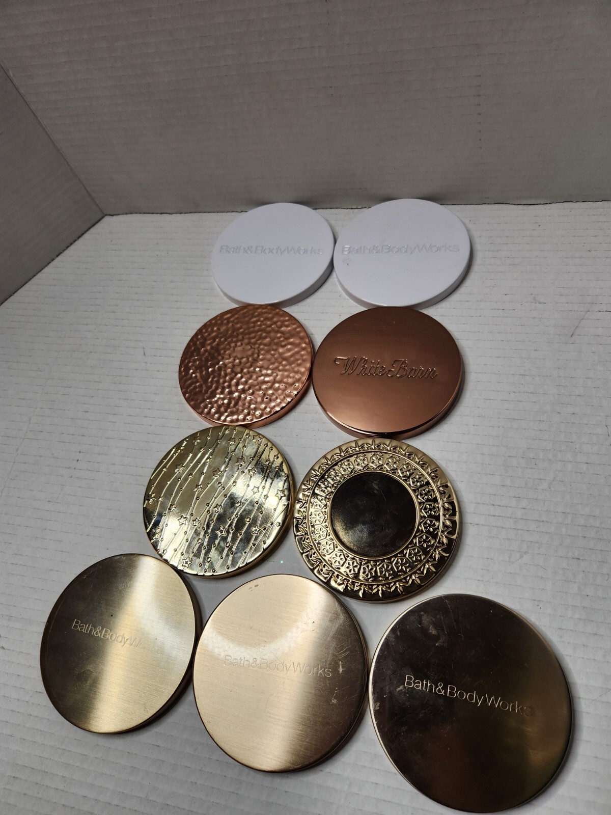 Bath & Body Works 3 Wick Candle Lids White Rose Gold Hammered Copper Metal Star