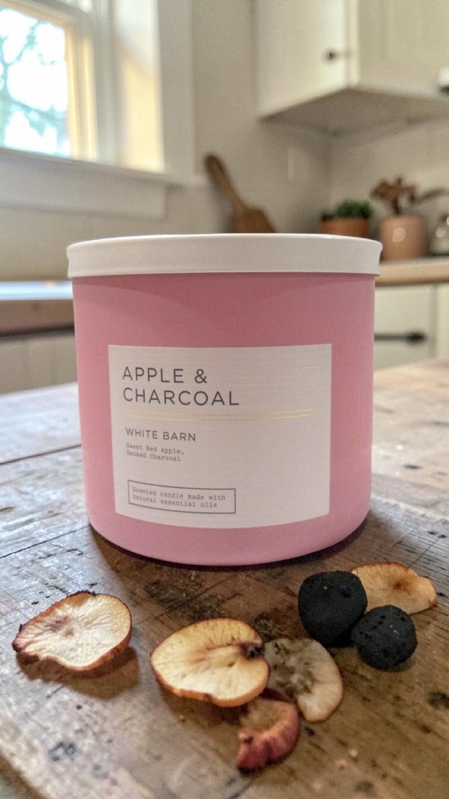 Bath Body Works APPLE & CHARCOAL 3 Wick Candle 14.5 oz NEW White Barn Pink