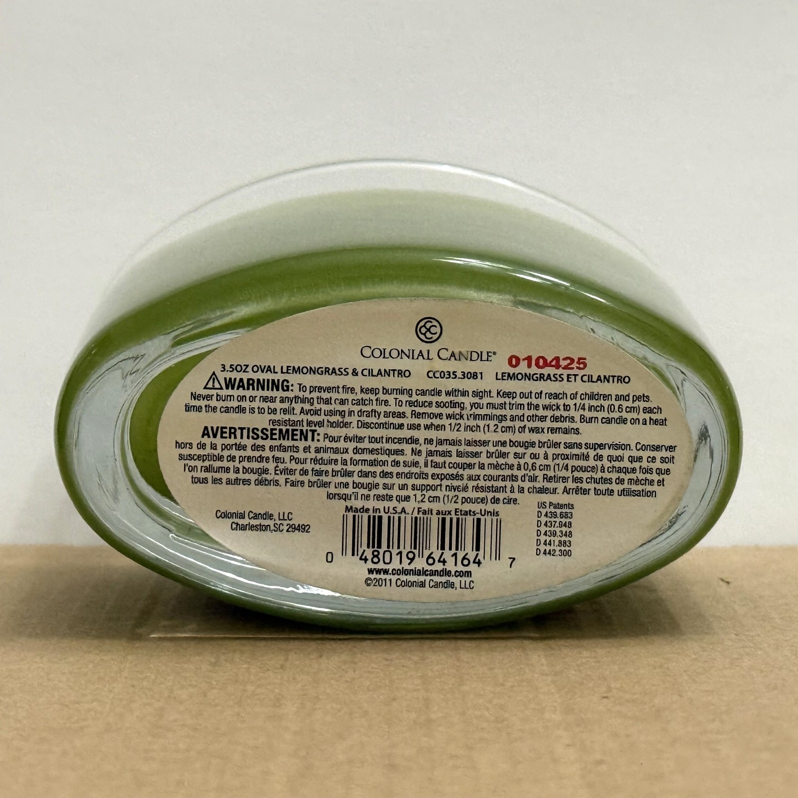 Colonial Candle LEMONGRASS & CILANTRO Candle 3.5 oz Oval Jar 2 Wick