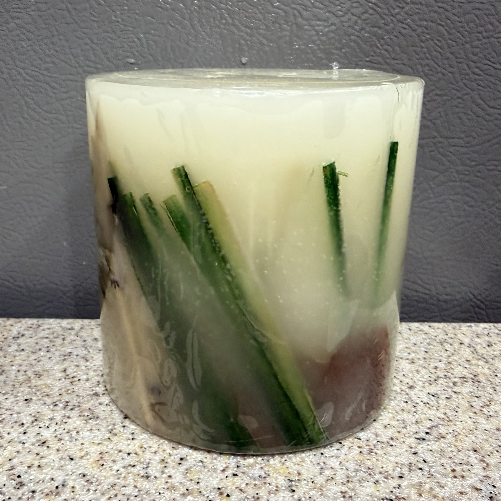Vtg Botanical Pillar Candle 3.5” Pressed Flowers Leaves “Jade” New!