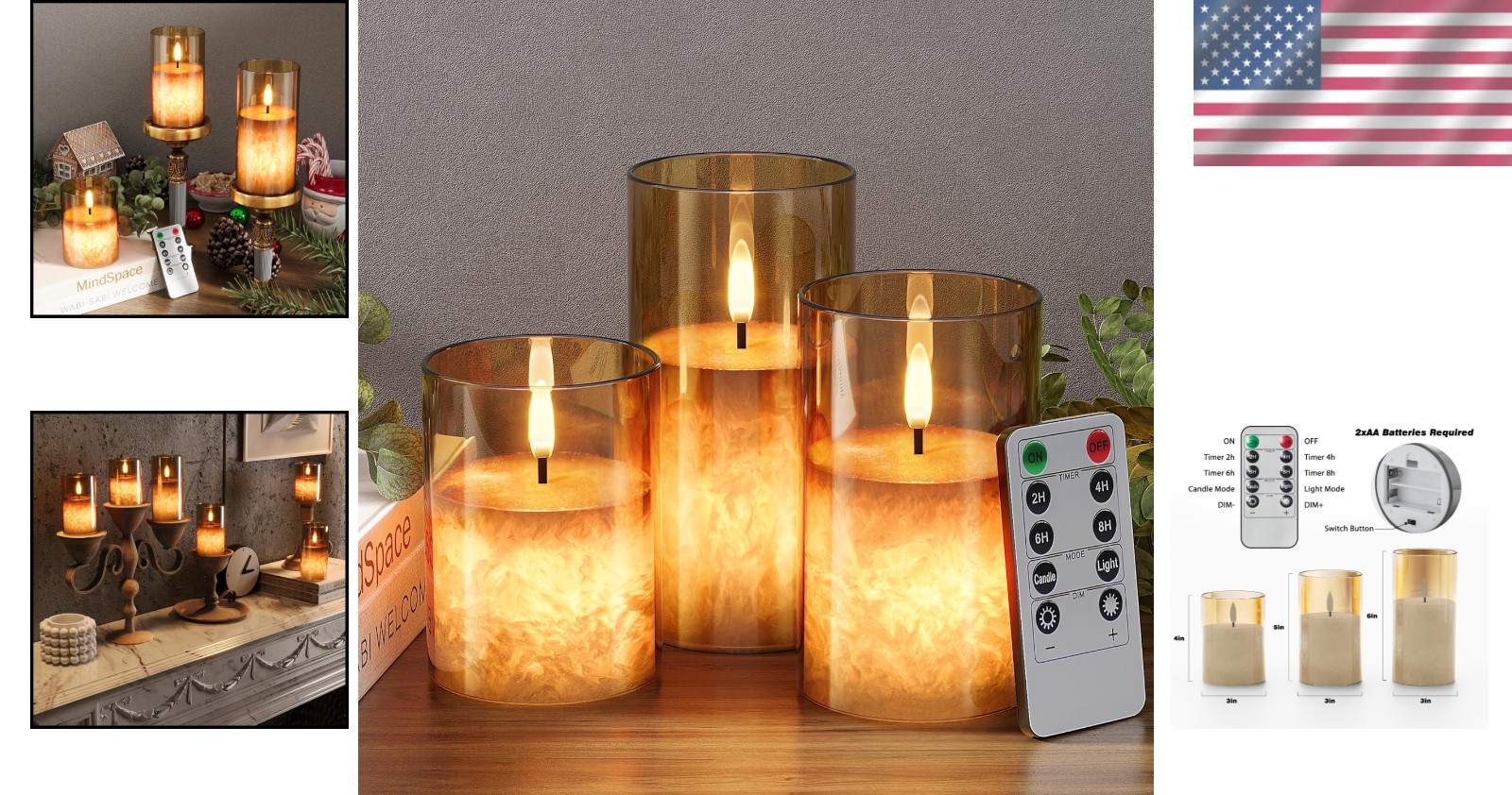 Dimmable Gold LED Flameless Candles with Remote – Sparkling Warm Glow, 3 Pack