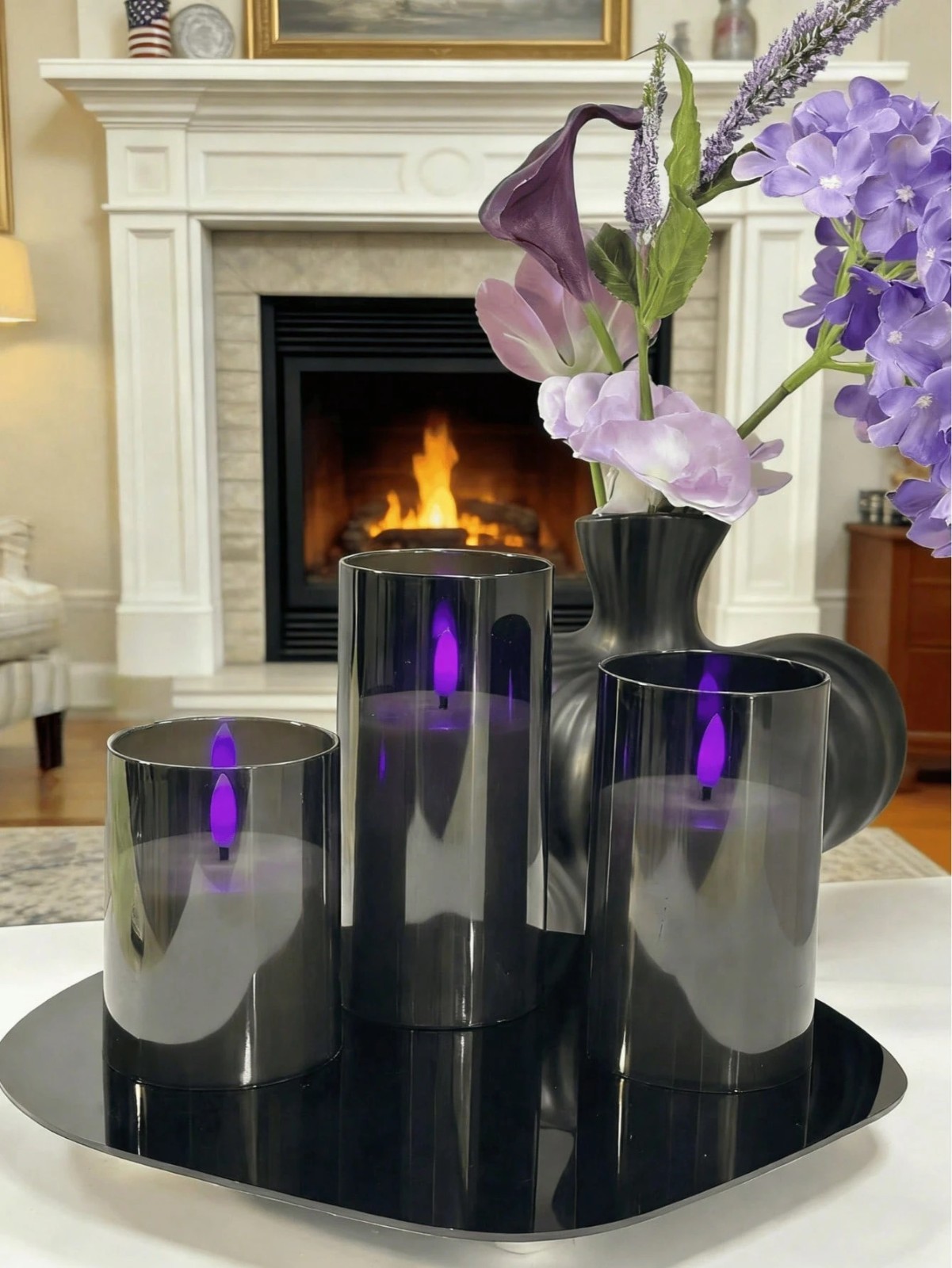 3PCS Black Flameless LED Candles Purple Light Remote Timer Halloween