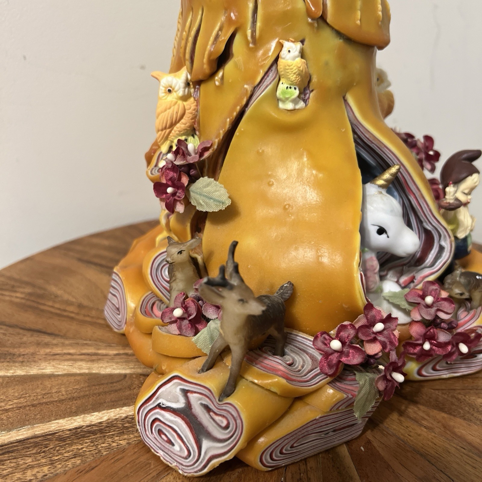 Vintage Candle Woodland Sculpted Tree Stump Elf Deer Owls Hand Carved Wax Art