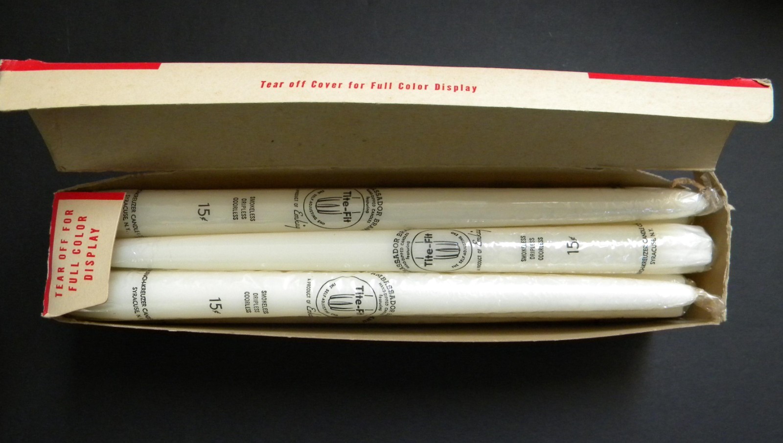 Emkay Tite-Fit Smokeless Dripless Odorless 12″ Taper Candles #6052 Box/12 (NOS)