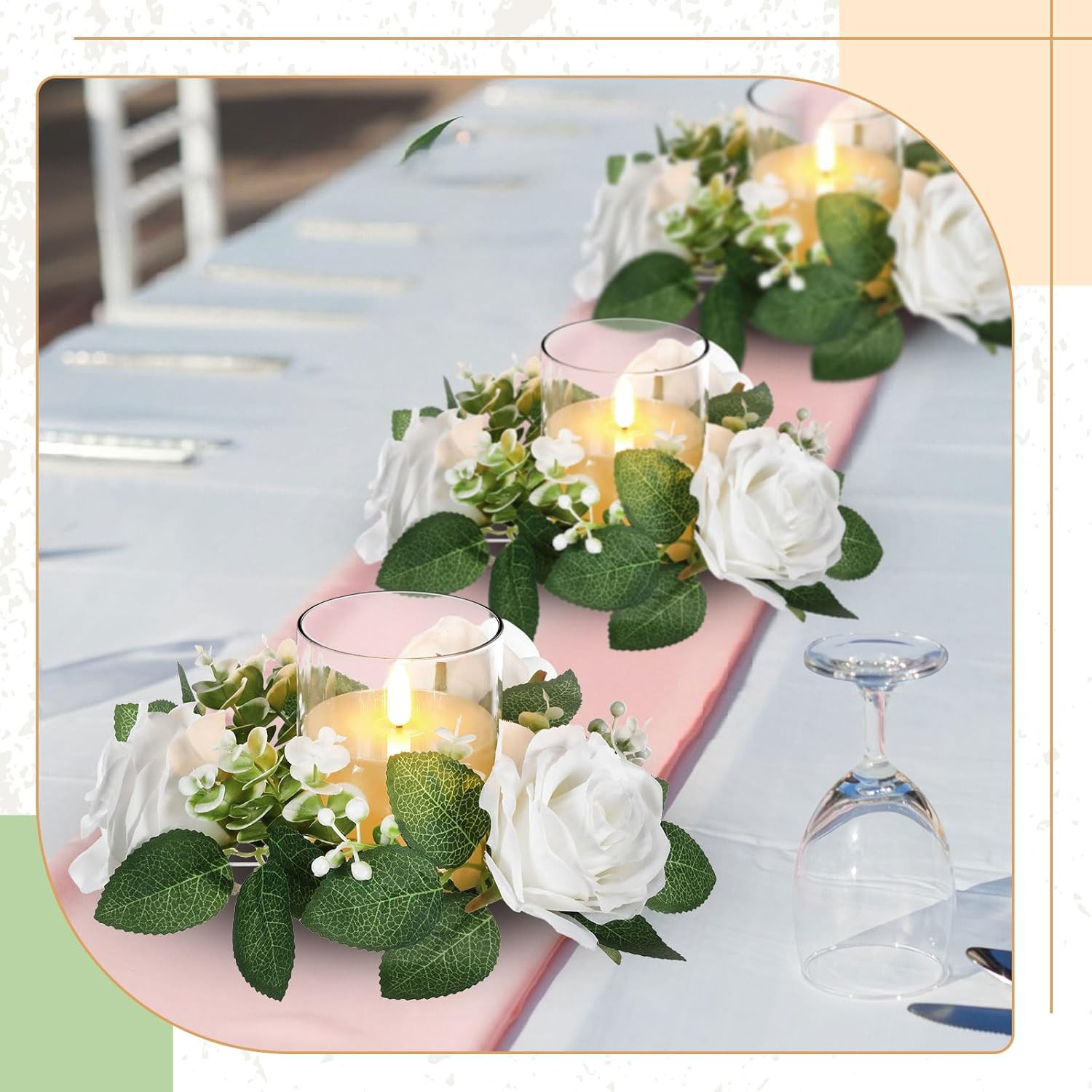20 Pcs White Rose Candle Rings with Flameless Candles for Weddings & Events