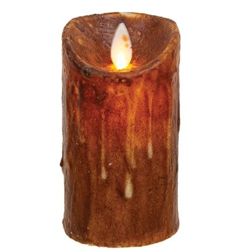 NEW PRIMITIVE PILLAR CANDLE BROWN TIMER Motion Faux Flame 4.5″ x 2.5″ LED RUSTIC