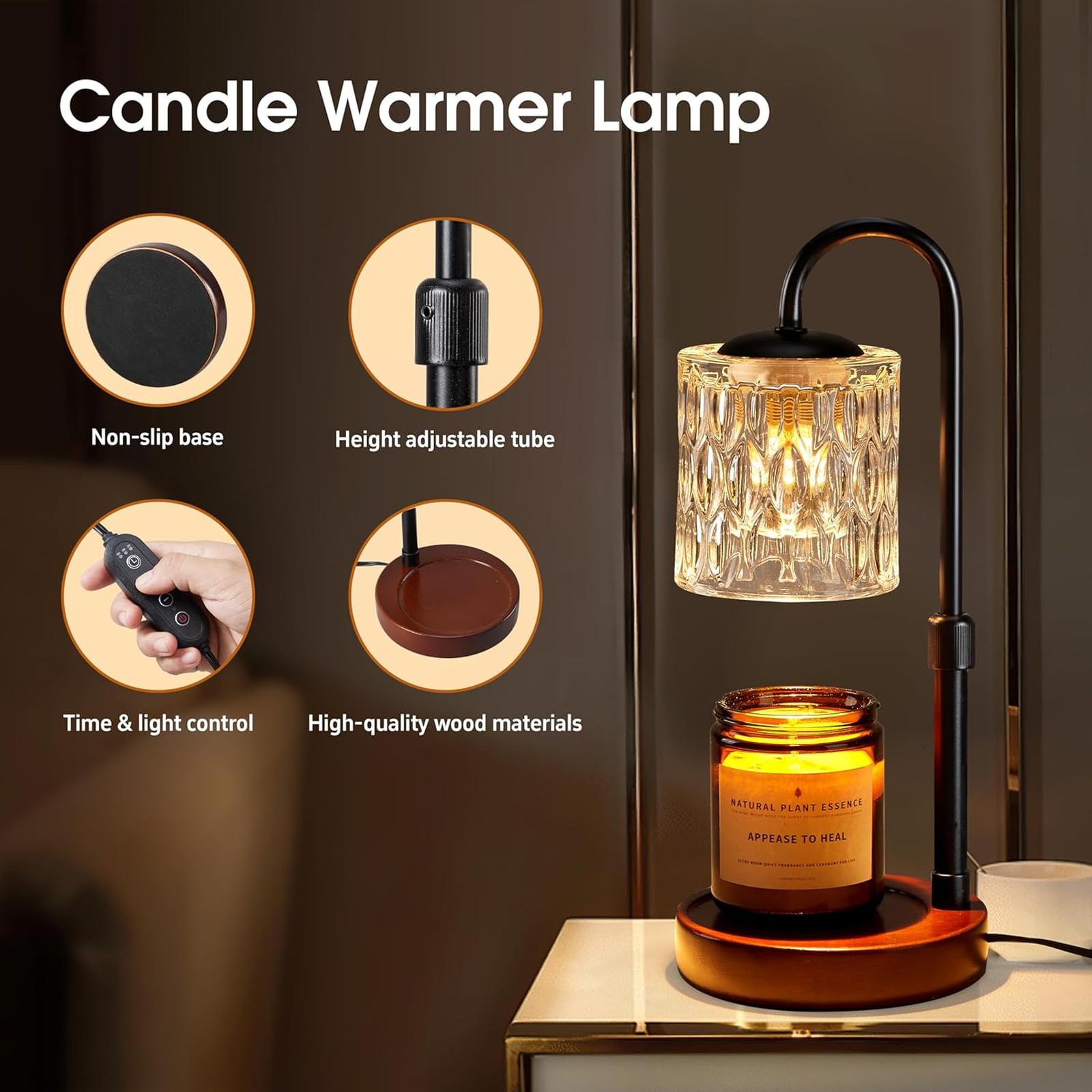 Dimmable Candle Warmer Lamp with Timer, Adjustable Height Electric Wax Warmer