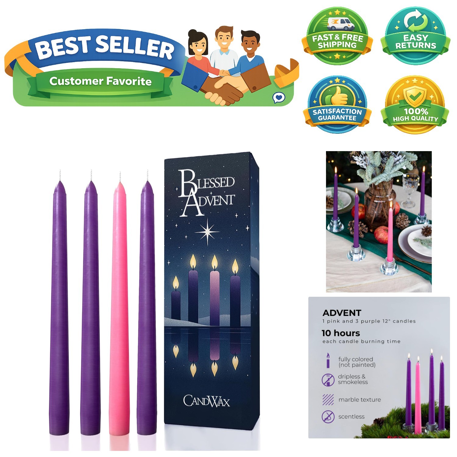 12 Inch Advent Taper Candles Set of 4 – Long Burning Dripless Unscented Taper…