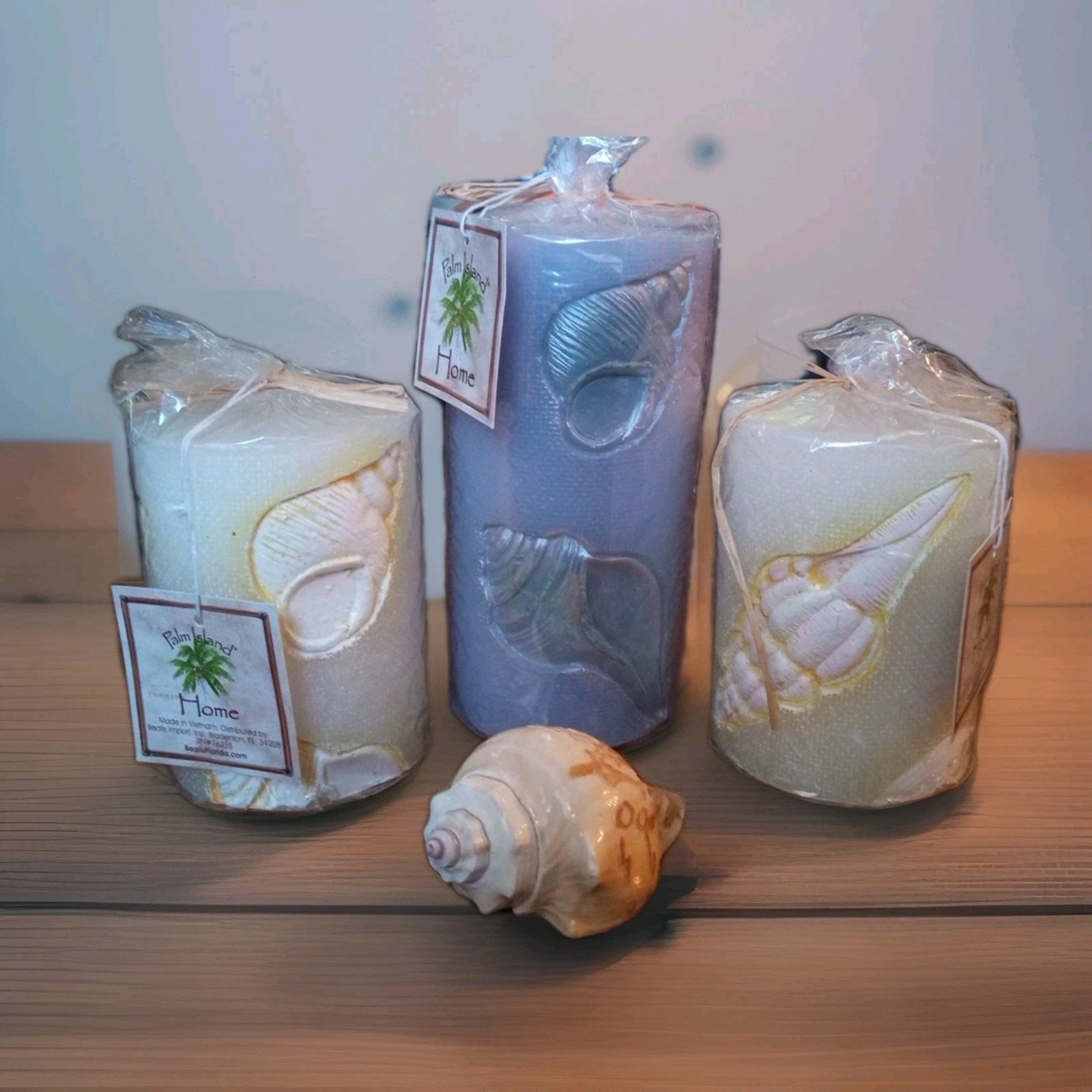 3 New Palm Island Home Florida Candles W/ 3″ Conch Shell Beach Ocean Bathroom