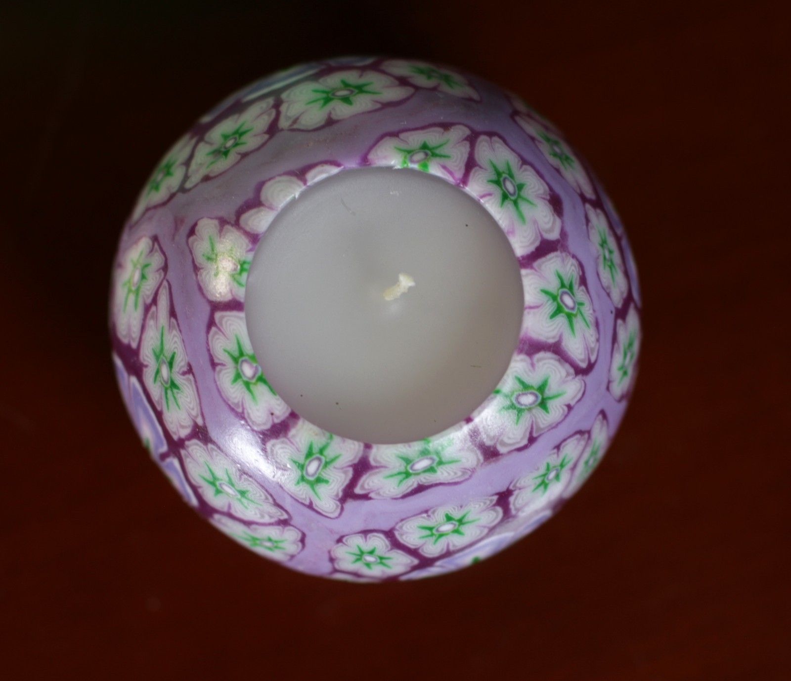 Millefiori Glowing Candle Green Purple Orb Mosaic Flower Psychedelic 90s NOS