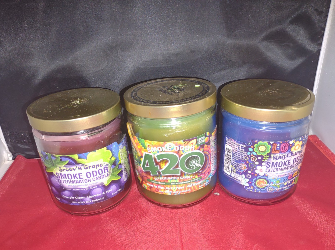 3x Jars Smoke Odor Exterminator Candle 13oz Set of Three Grape 420 & Nag Champa