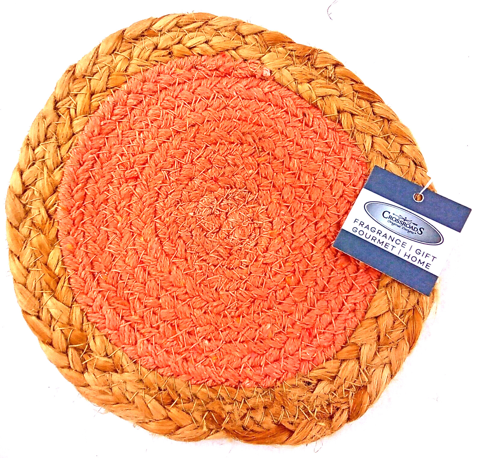 Jute Candle Mat Pad Peach Cotton Fabric Crossroads Round India Tan Stitched 6.5″